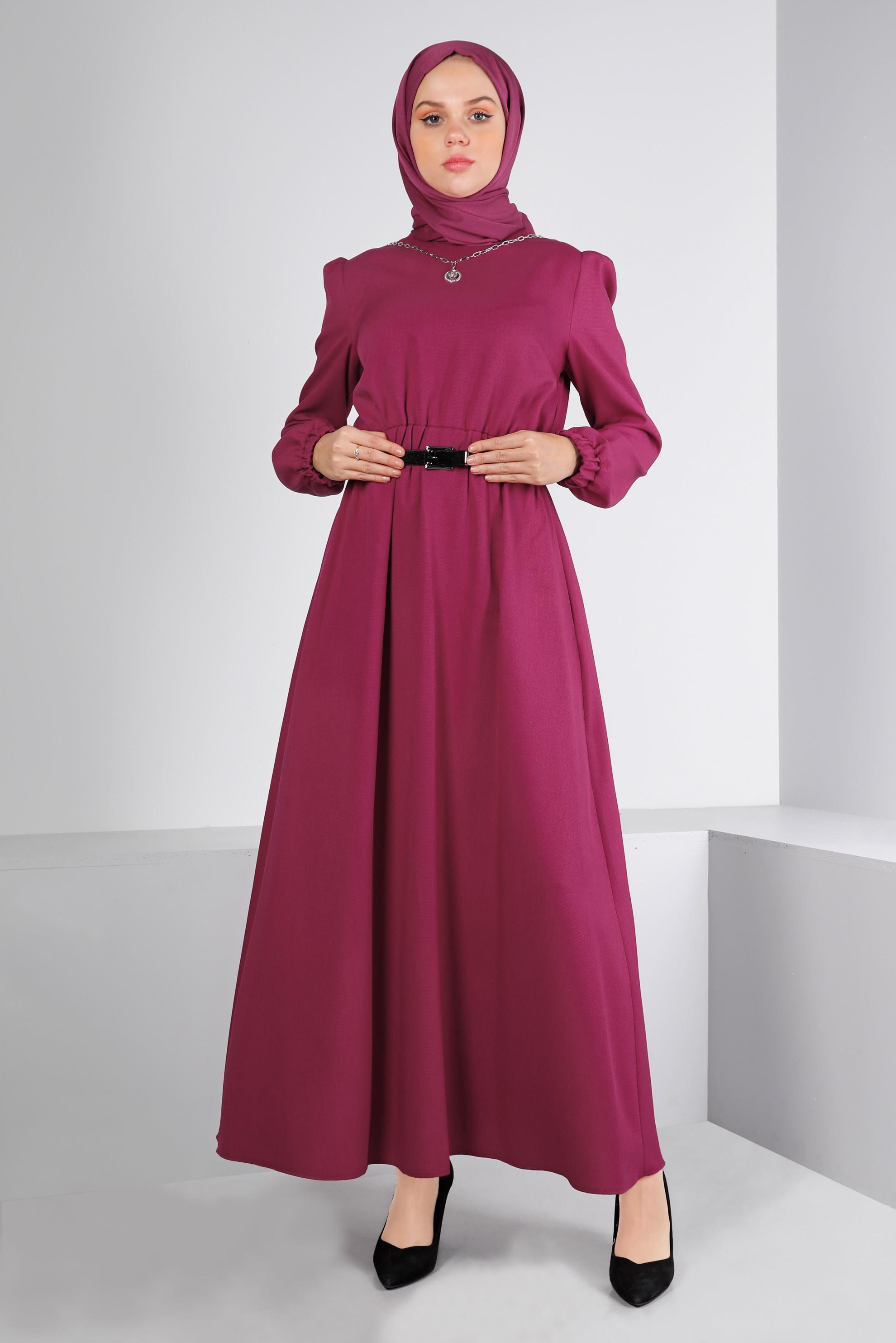 Tesettür giyim FUŞYA MANŞETLERİ LASTİKLİ ELBİSE 43400