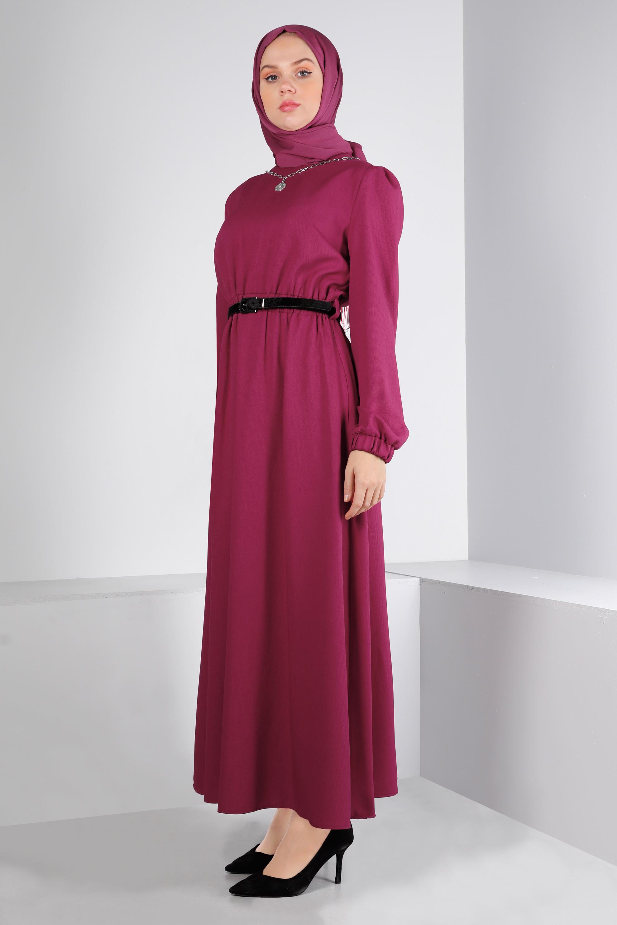 Tesettür giyim FUŞYA MANŞETLERİ LASTİKLİ ELBİSE 43400