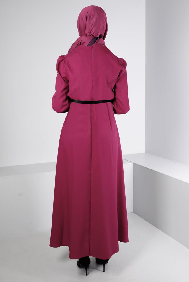 Tesettür giyim FUŞYA MANŞETLERİ LASTİKLİ ELBİSE 43400 - ALVİNA