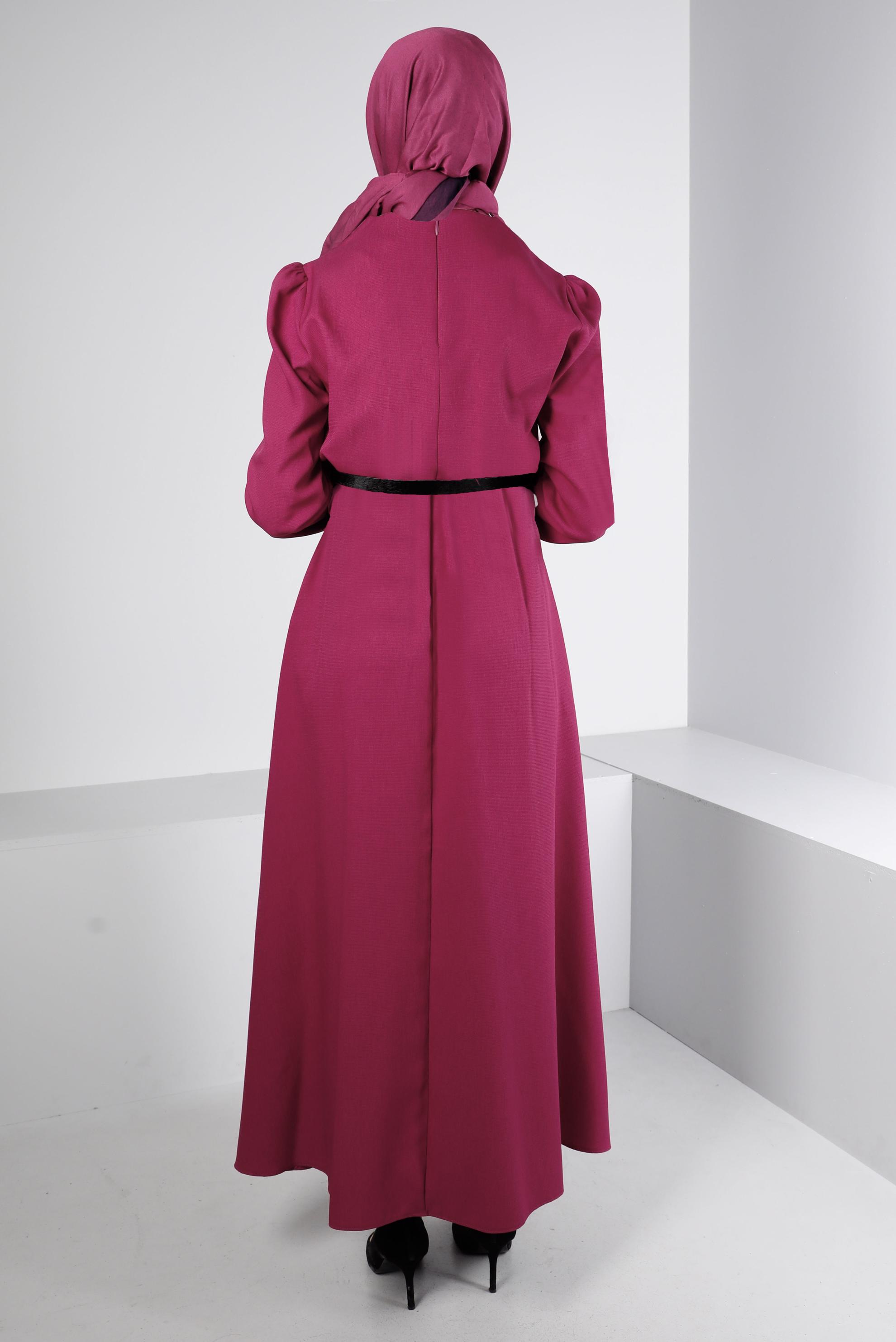 Tesettür giyim FUŞYA MANŞETLERİ LASTİKLİ ELBİSE 43400