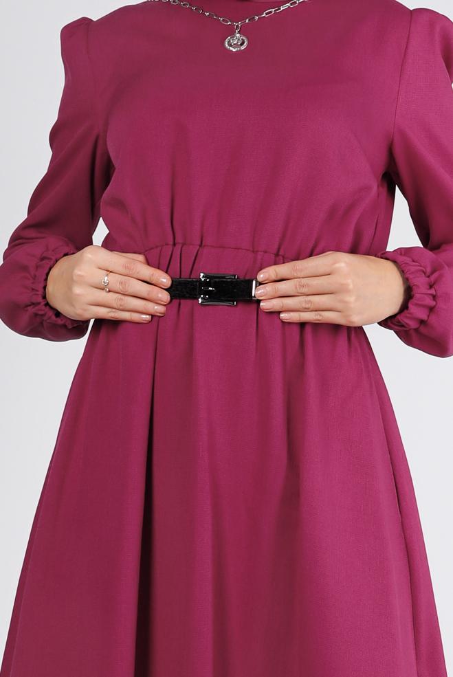 Tesettür giyim FUŞYA MANŞETLERİ LASTİKLİ ELBİSE 43400 - ALVİNA
