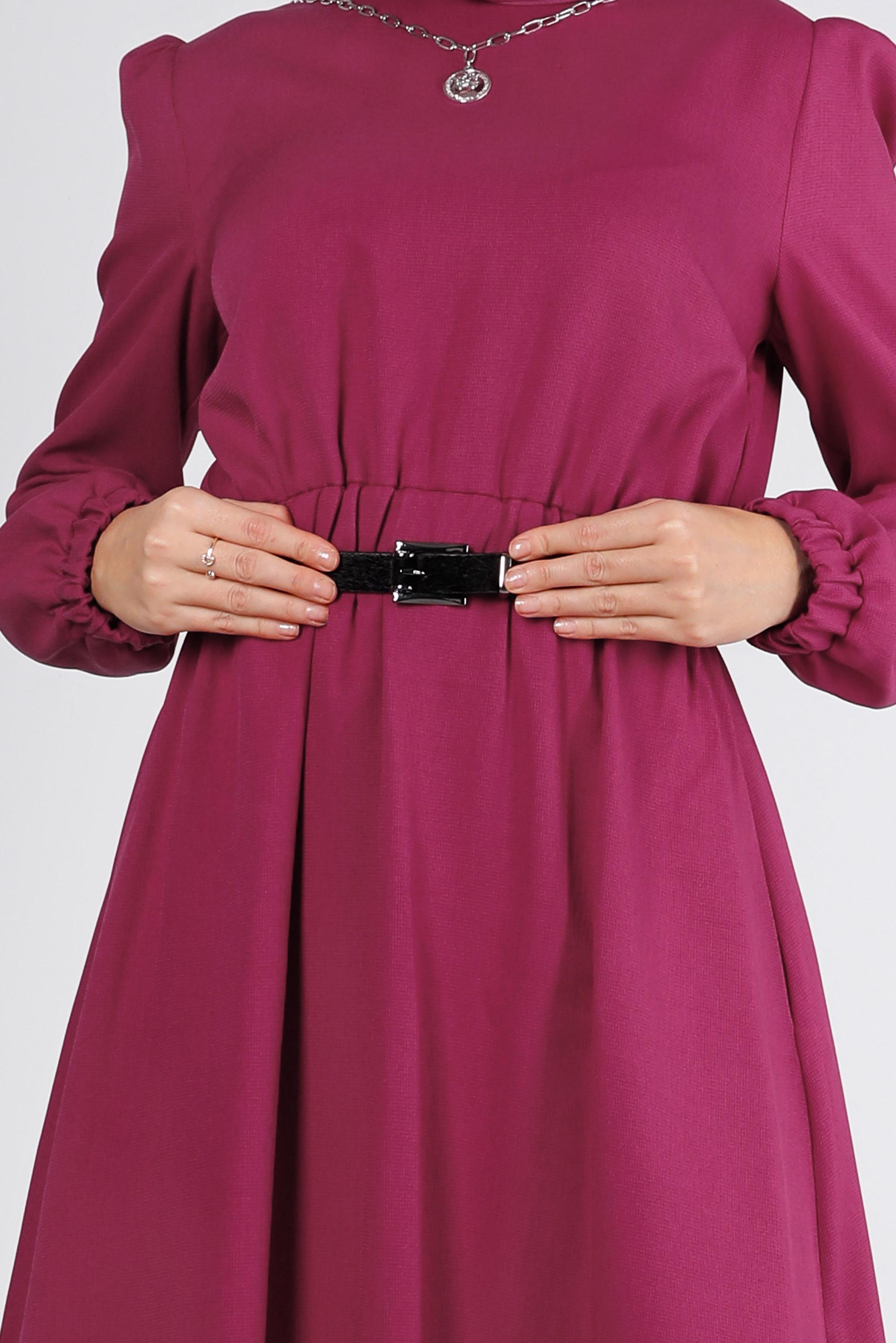 Tesettür giyim FUŞYA MANŞETLERİ LASTİKLİ ELBİSE 43400