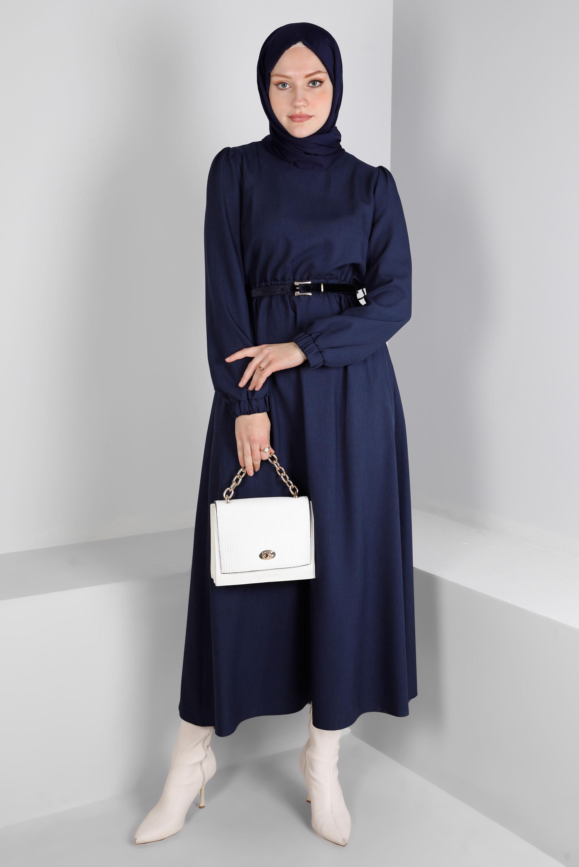 Tesettür giyim LACİVERT MANŞETLERİ LASTİKLİ ELBİSE 43400