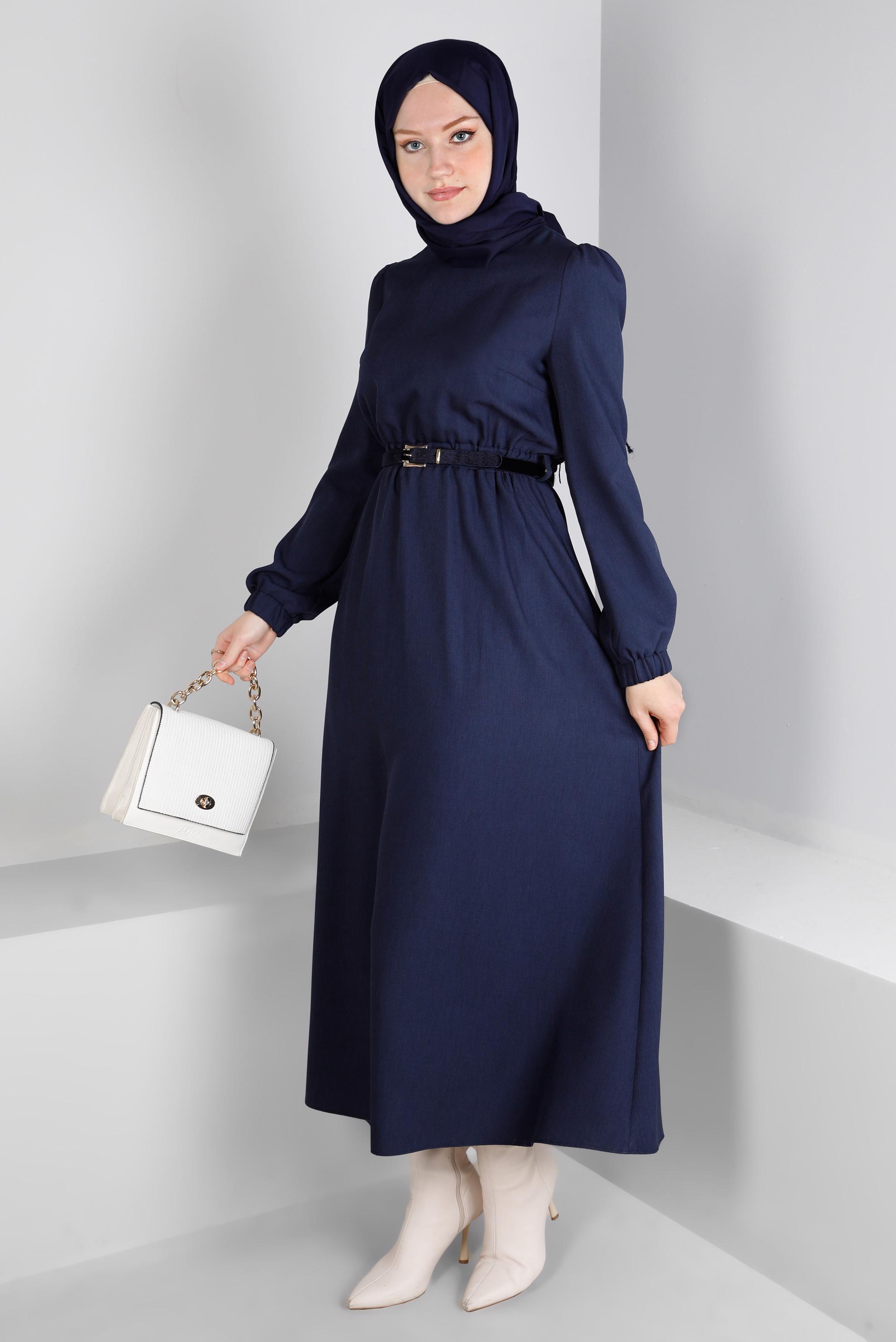 Tesettür giyim LACİVERT MANŞETLERİ LASTİKLİ ELBİSE 43400