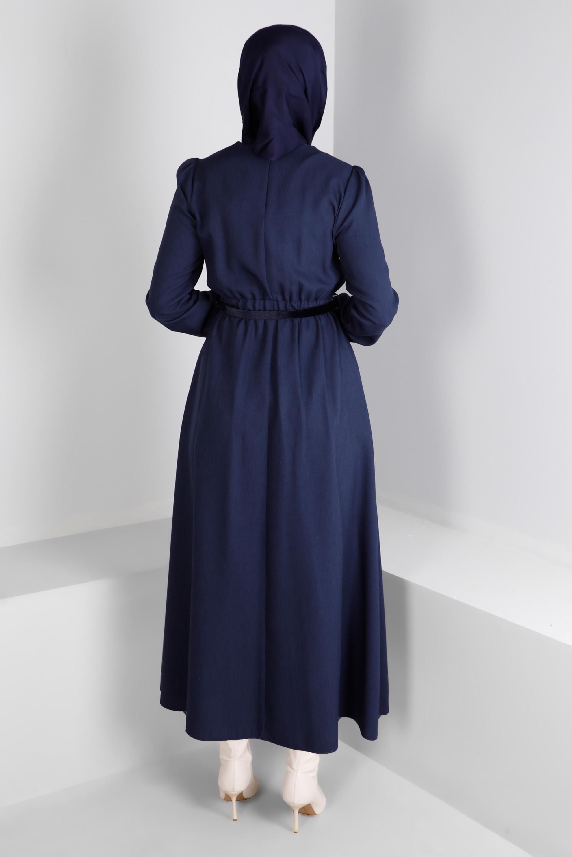 Tesettür giyim LACİVERT MANŞETLERİ LASTİKLİ ELBİSE 43400