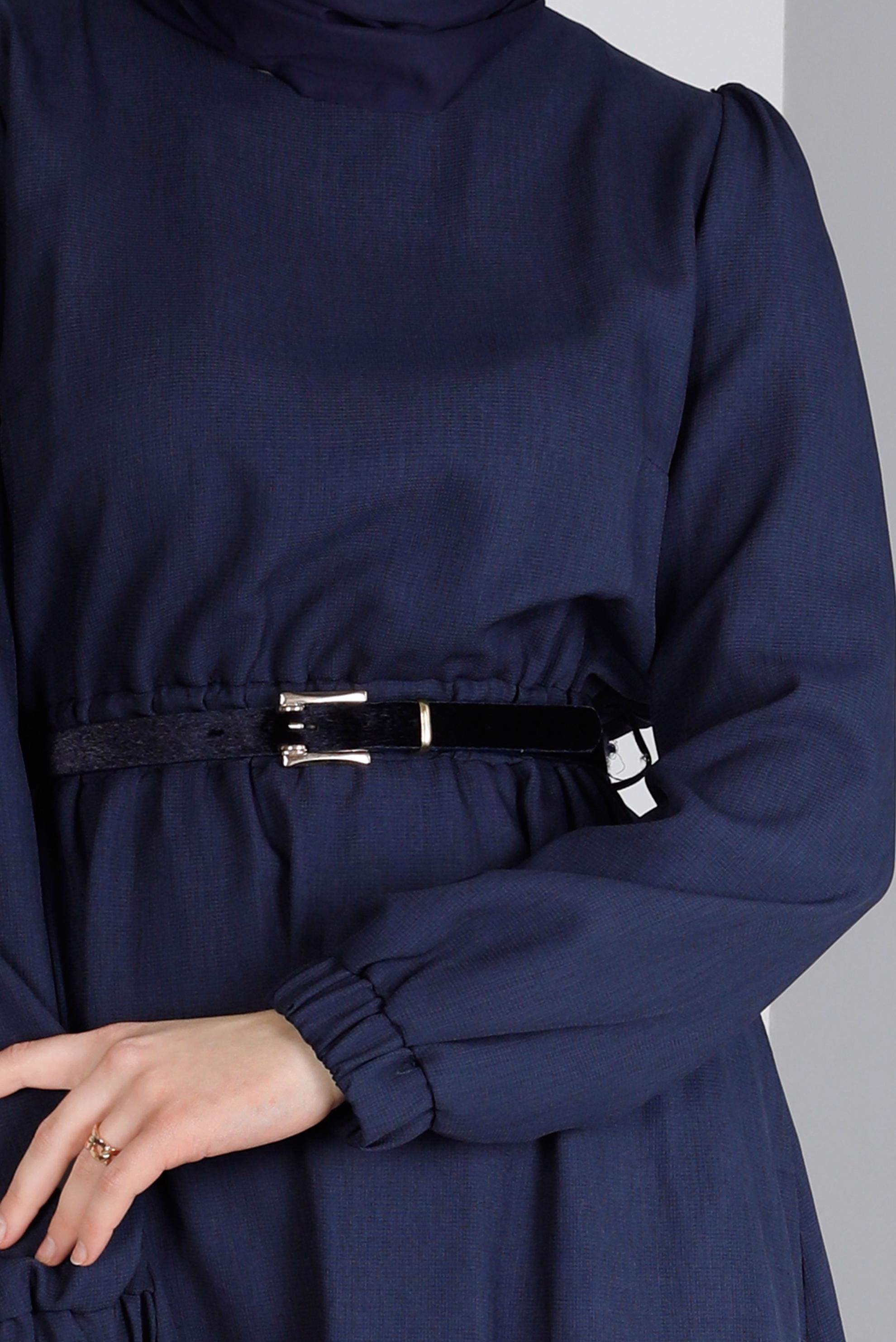 Tesettür giyim LACİVERT MANŞETLERİ LASTİKLİ ELBİSE 43400