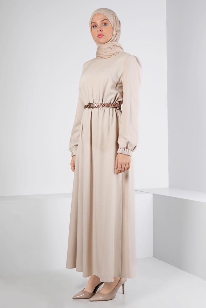 Tesettür giyim BEJ MANŞETLERİ LASTİKLİ ELBİSE 43400 - ALVİNA