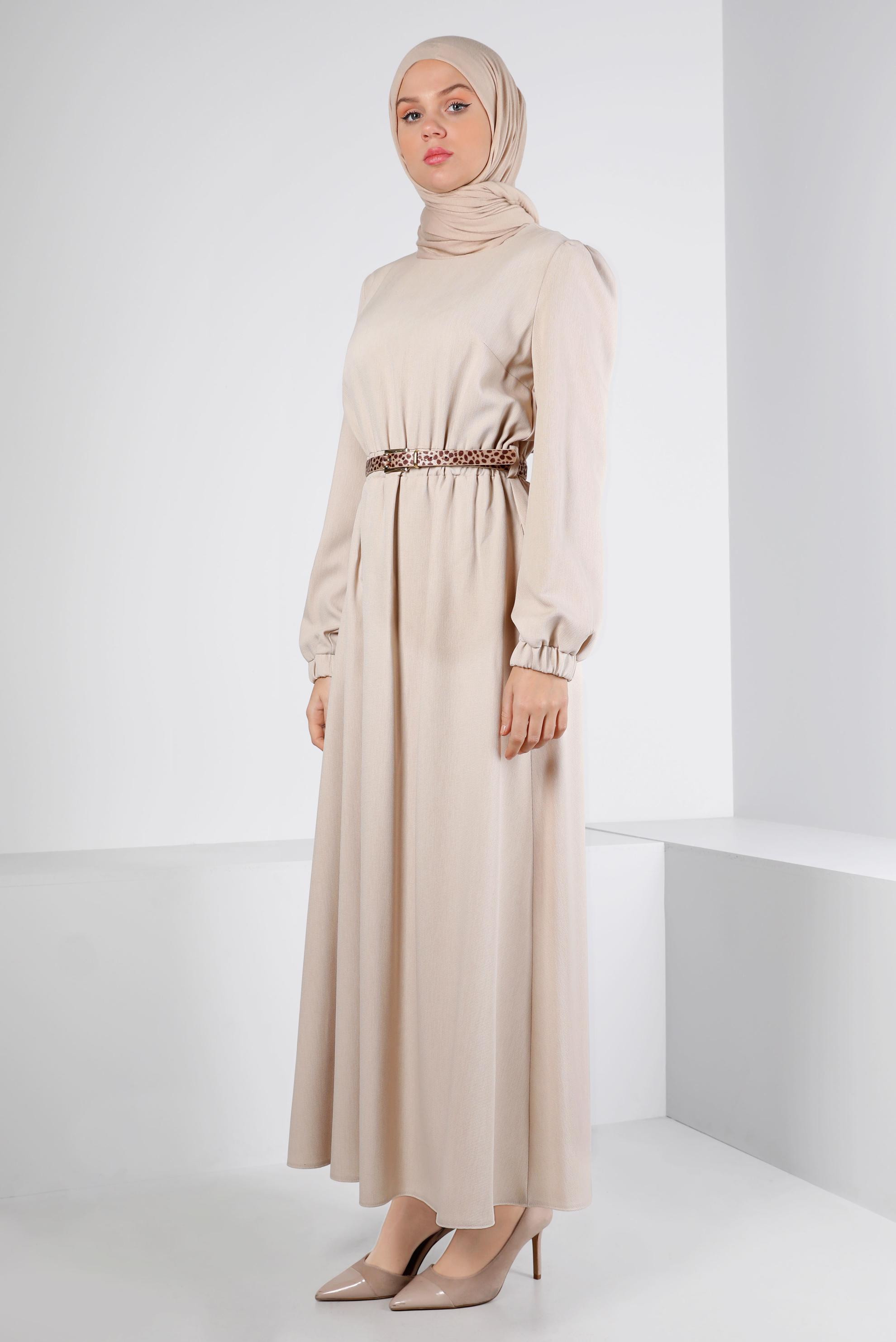Tesettür giyim BEJ MANŞETLERİ LASTİKLİ ELBİSE 43400