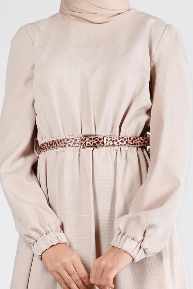 Tesettür giyim BEJ MANŞETLERİ LASTİKLİ ELBİSE 43400 - ALVİNA