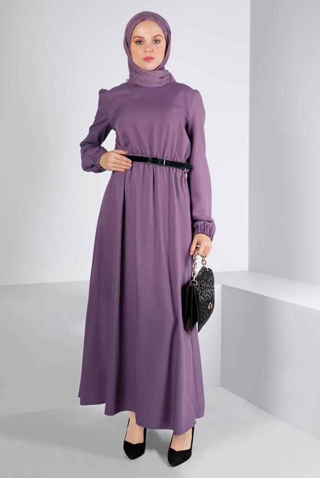 Tesettür giyim MOR MANŞETLERİ LASTİKLİ ELBİSE 43400 - ALVİNA