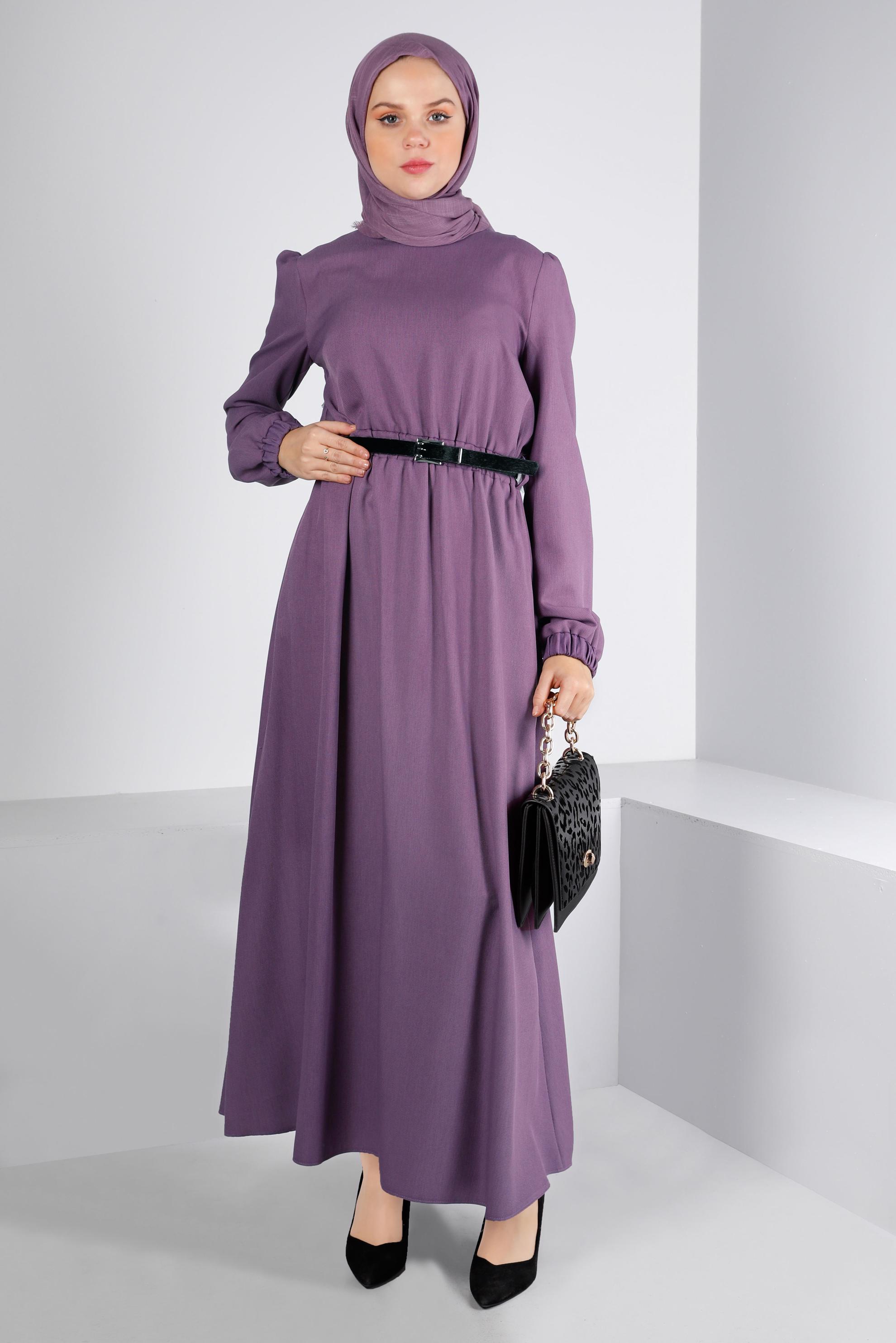 Tesettür giyim MOR MANŞETLERİ LASTİKLİ ELBİSE 43400
