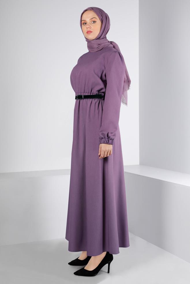 Tesettür giyim MOR MANŞETLERİ LASTİKLİ ELBİSE 43400 - ALVİNA
