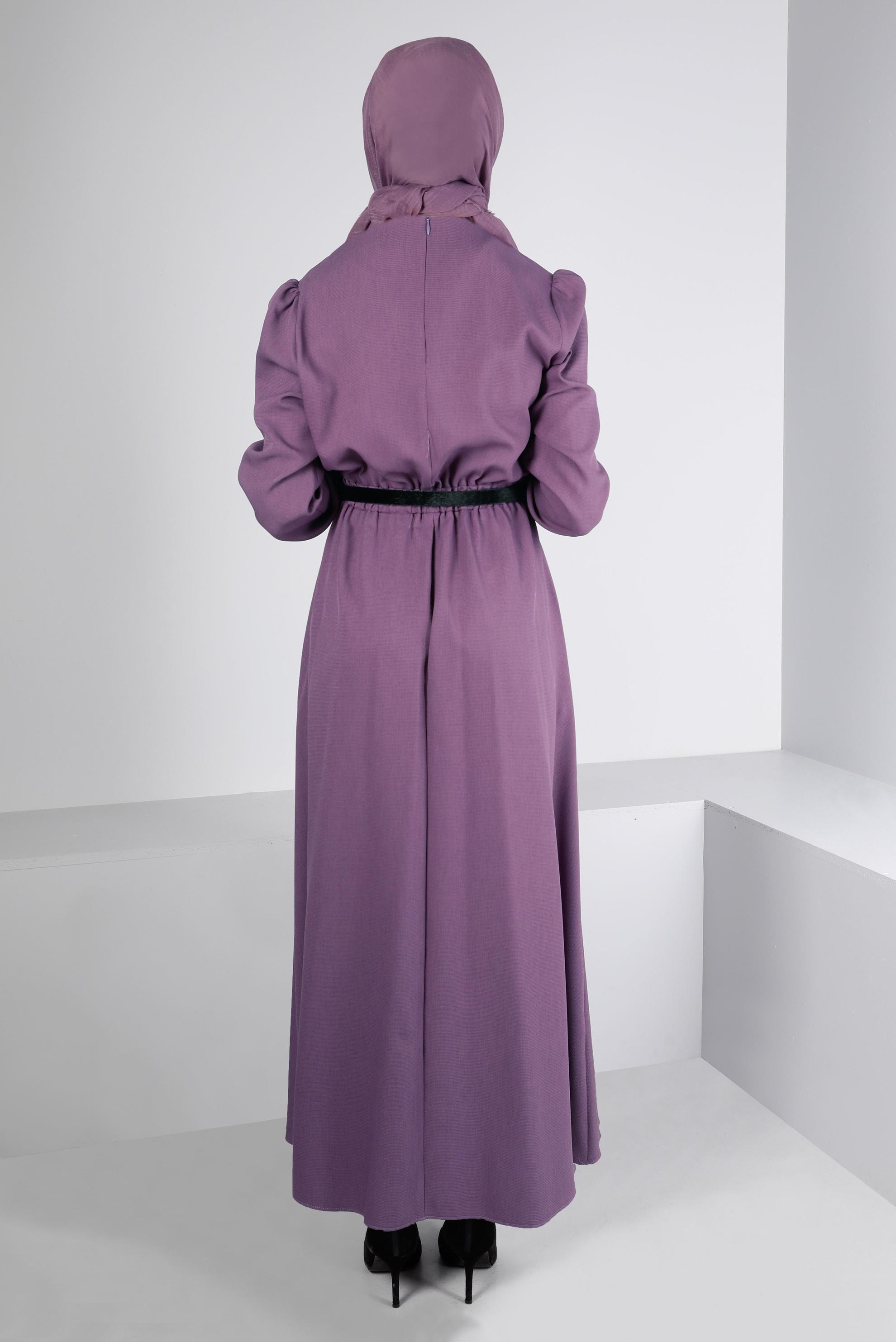 Tesettür giyim MOR MANŞETLERİ LASTİKLİ ELBİSE 43400