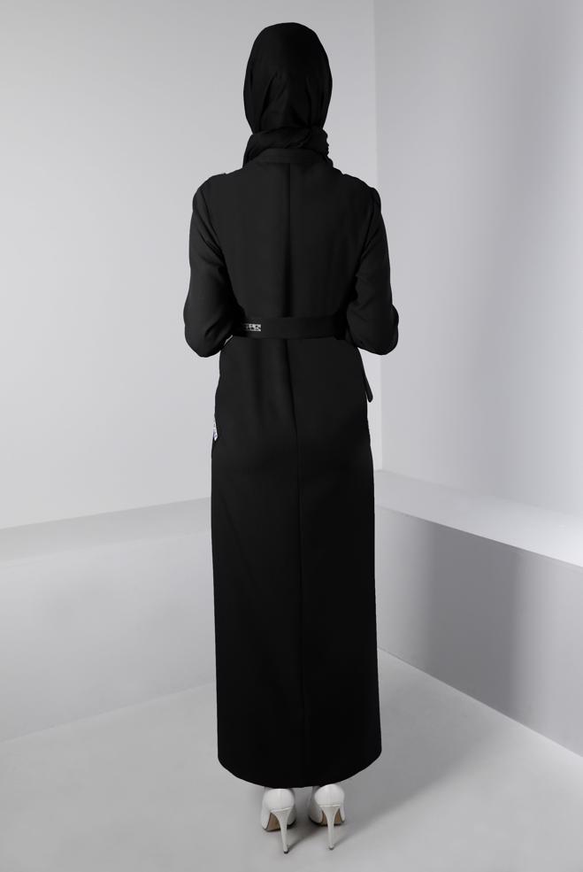 Tesettür giyim SİYAH KUŞAĞI LEOPAR DESEN DETAYLI ELBİSE 43403  - ALVİNA