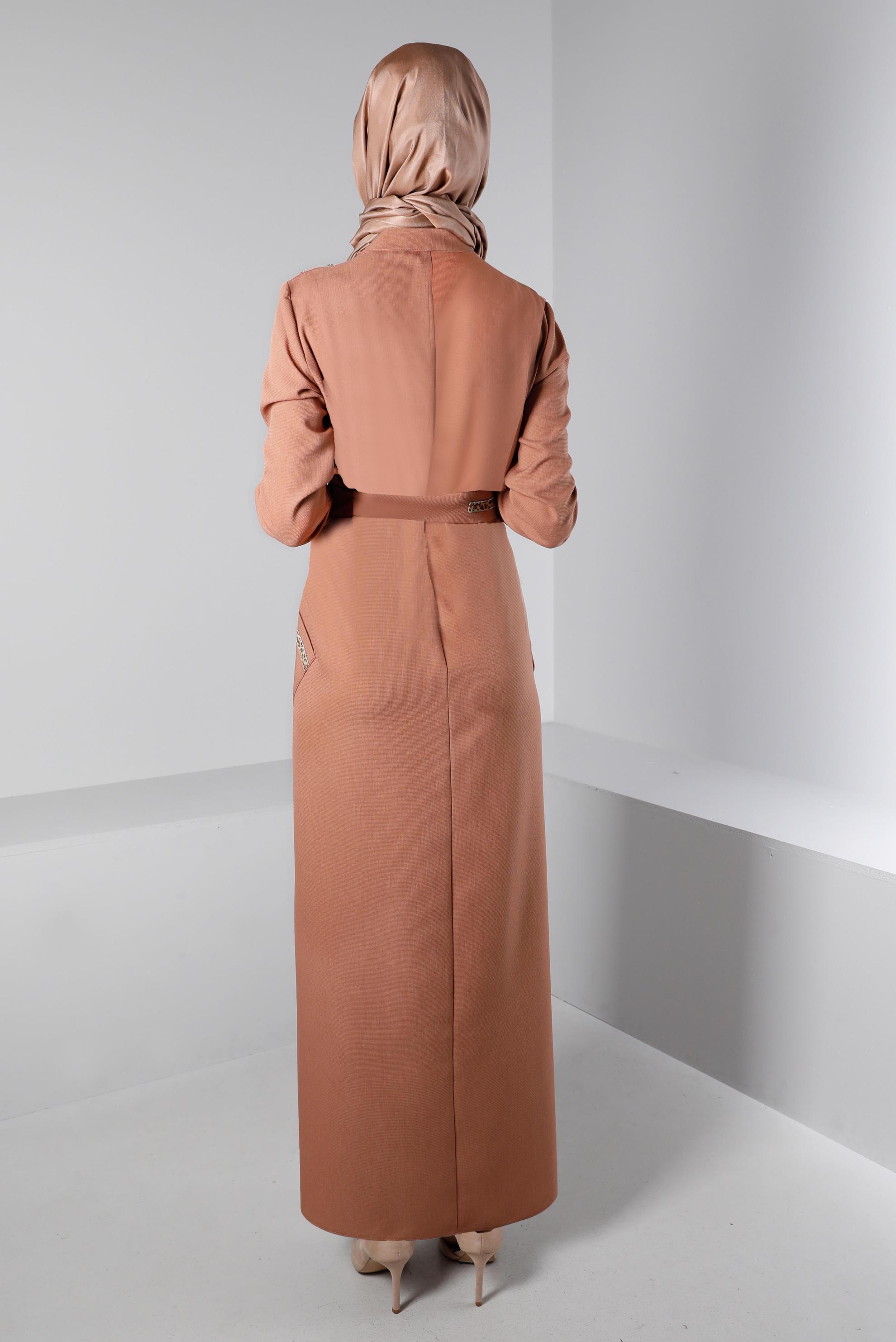 Tesettür giyim TURUNCU KUŞAĞI LEOPAR DESEN DETAYLI ELBİSE 43403 