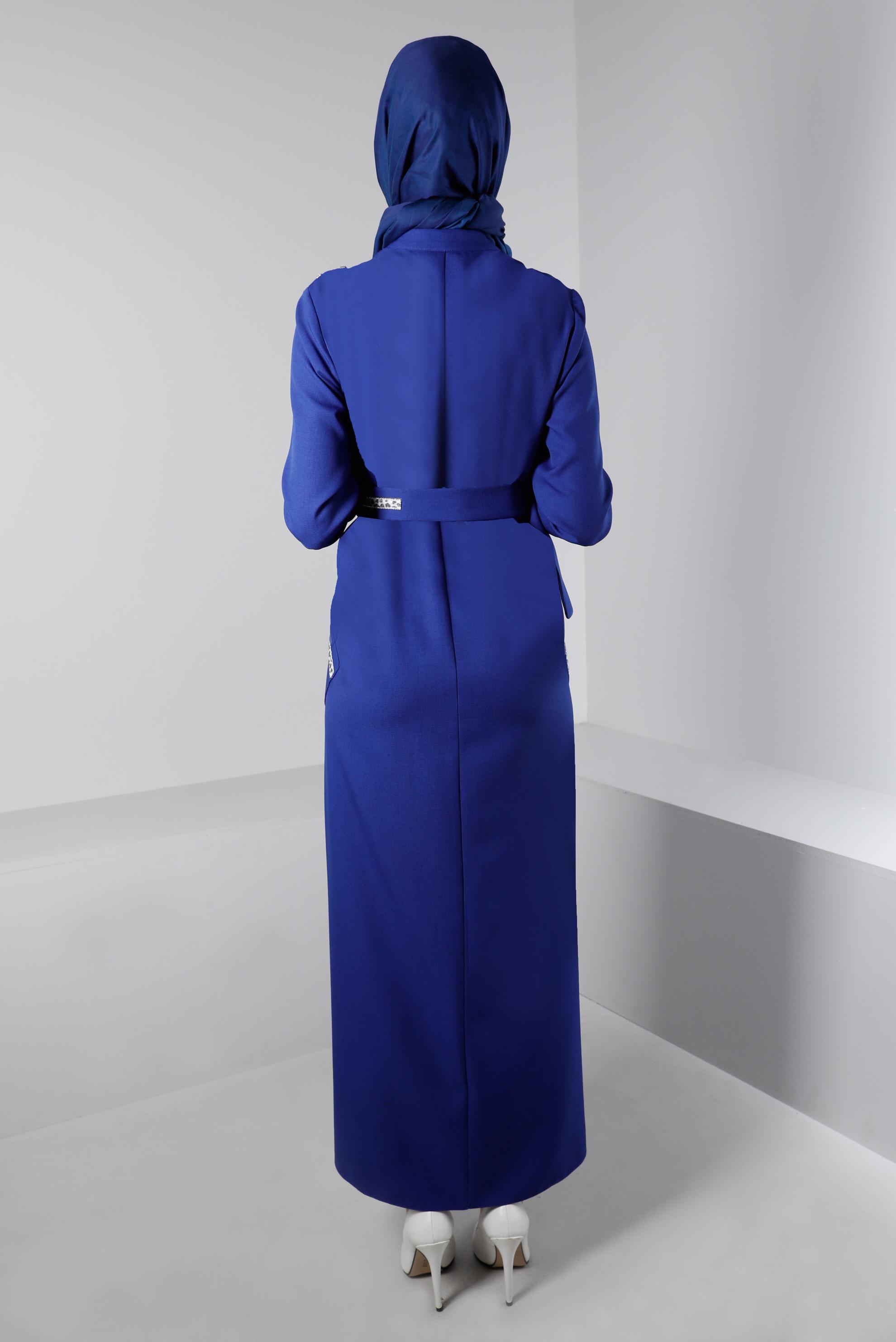 Tesettür giyim LACİVERT KUŞAĞI LEOPAR DESEN DETAYLI ELBİSE 43403 