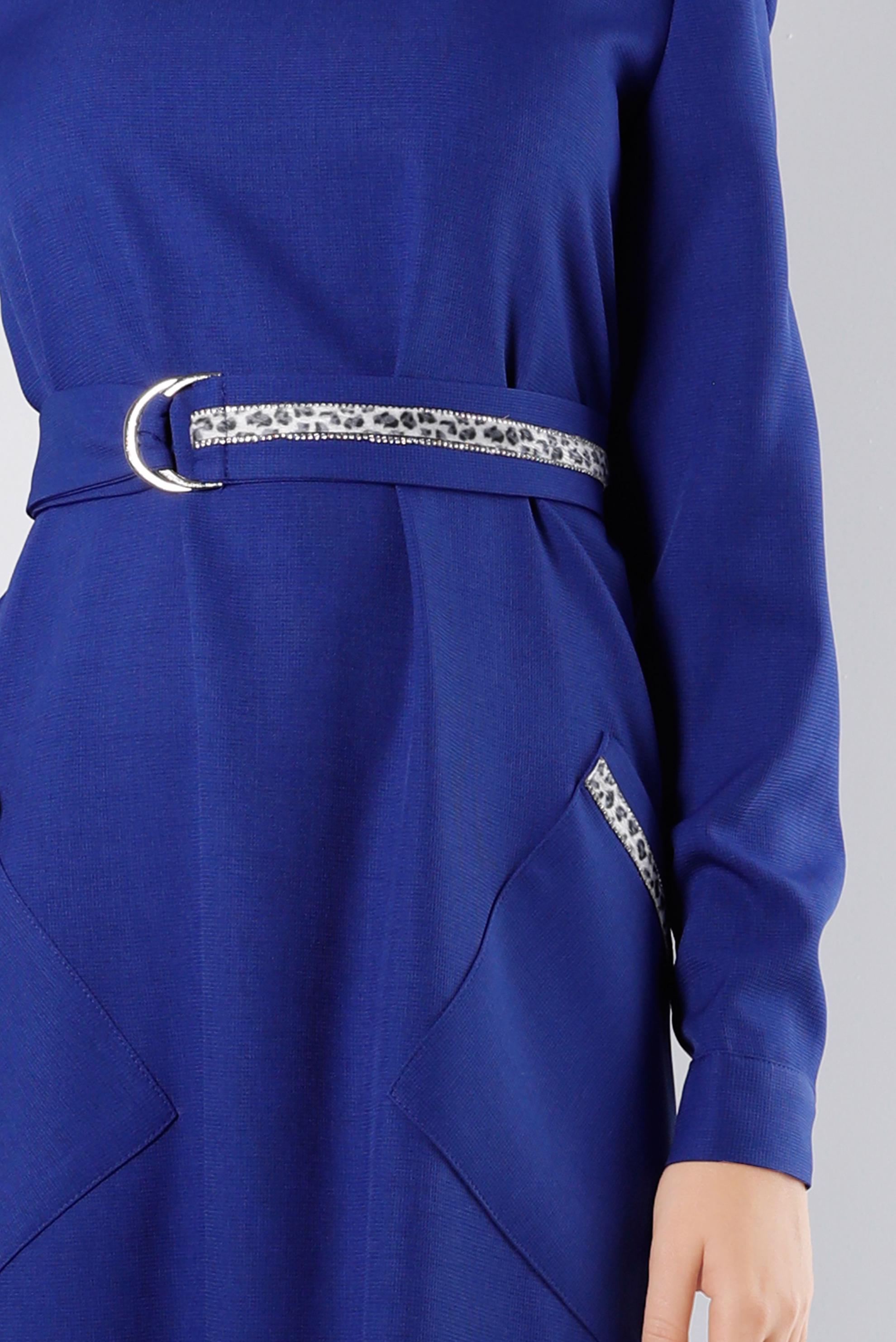 Tesettür giyim LACİVERT KUŞAĞI LEOPAR DESEN DETAYLI ELBİSE 43403 