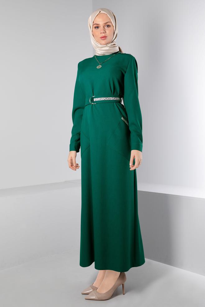 Tesettür giyim YEŞİL KUŞAĞI LEOPAR DESEN DETAYLI ELBİSE 43403  - ALVİNA