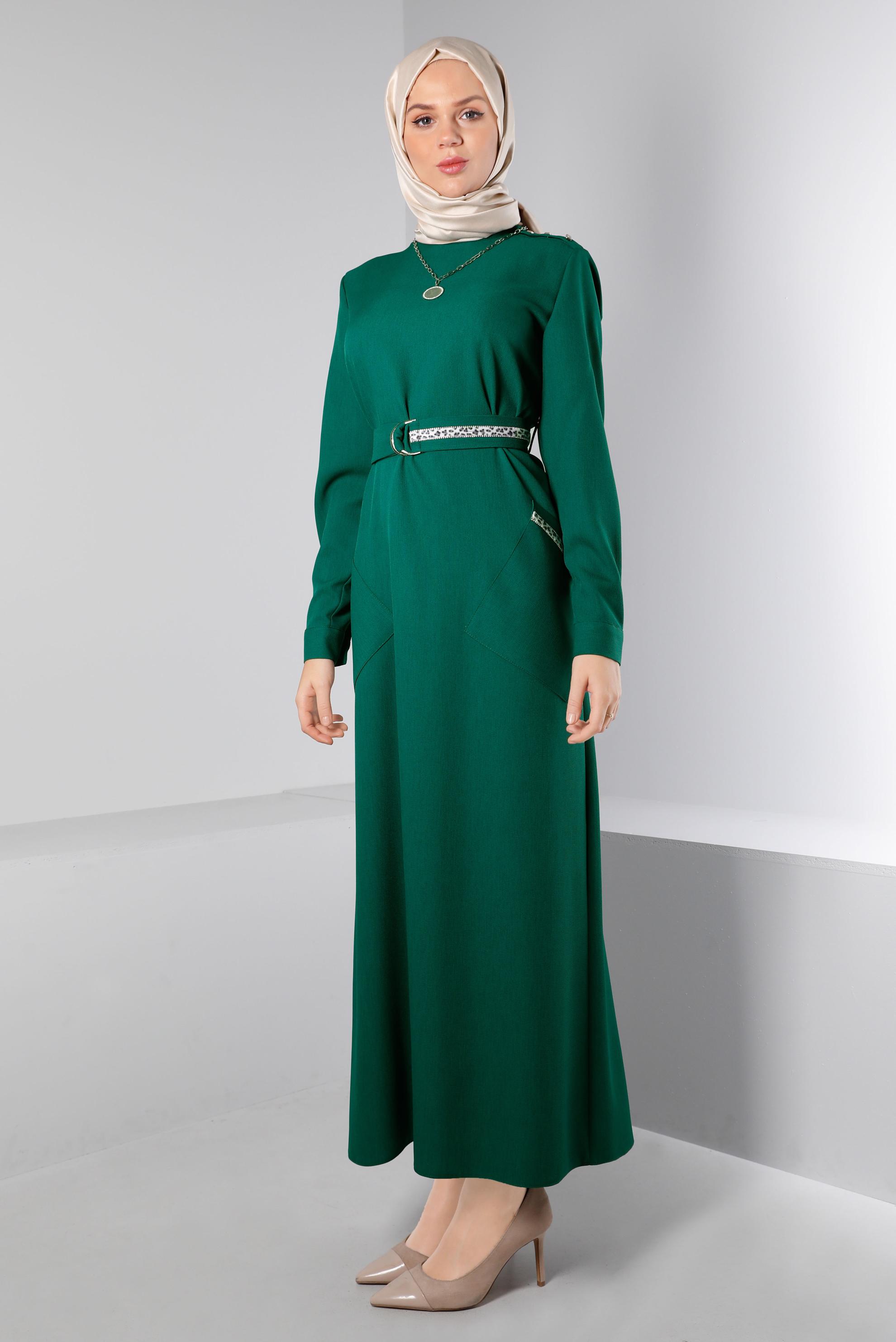 Tesettür giyim YEŞİL KUŞAĞI LEOPAR DESEN DETAYLI ELBİSE 43403 