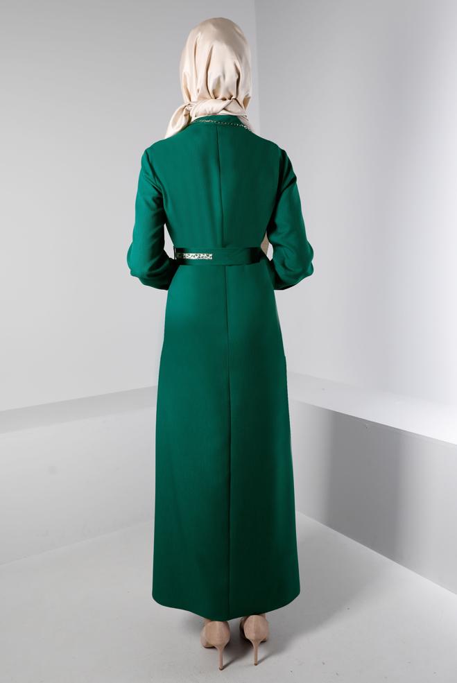 Tesettür giyim YEŞİL KUŞAĞI LEOPAR DESEN DETAYLI ELBİSE 43403  - ALVİNA