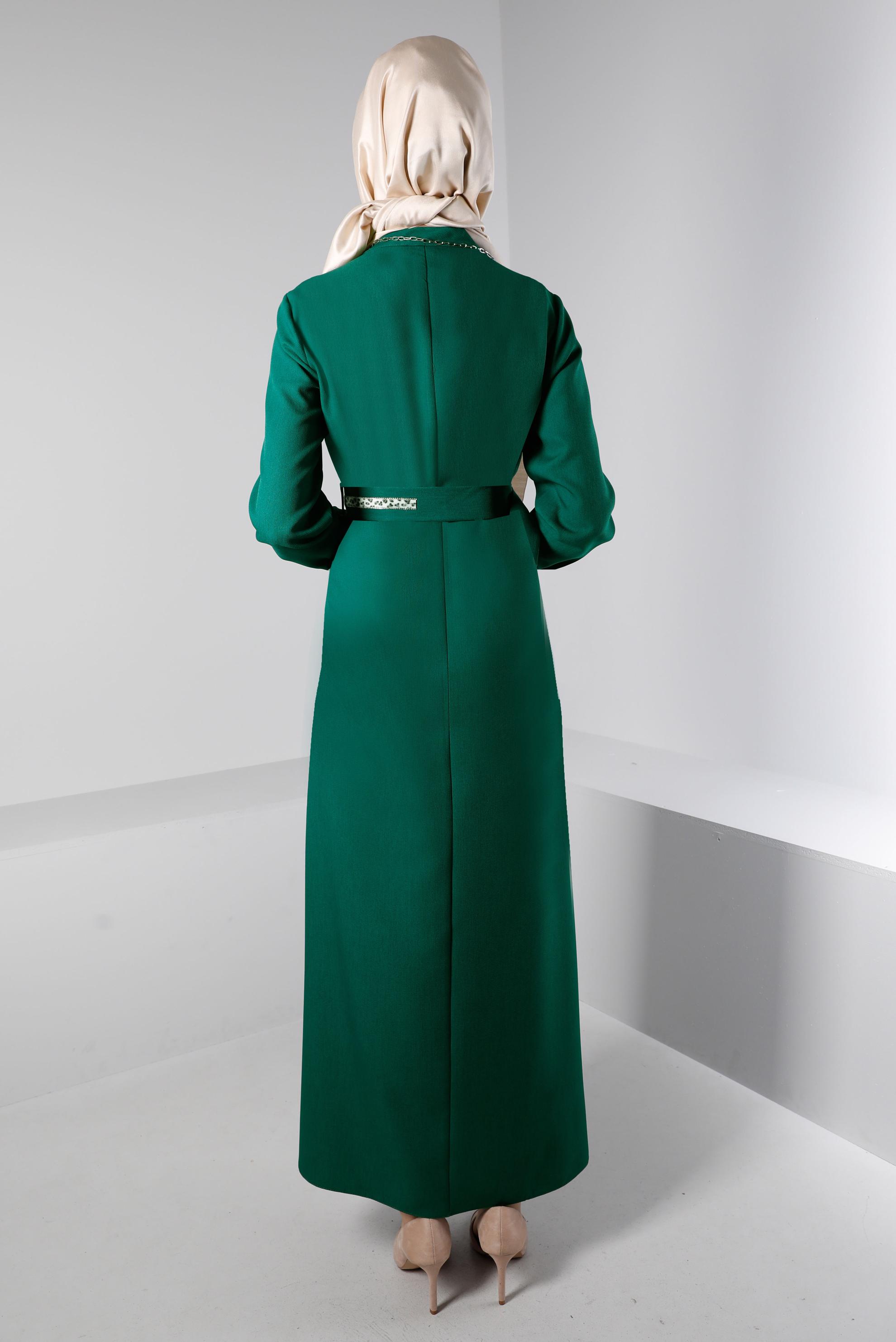 Tesettür giyim YEŞİL KUŞAĞI LEOPAR DESEN DETAYLI ELBİSE 43403 