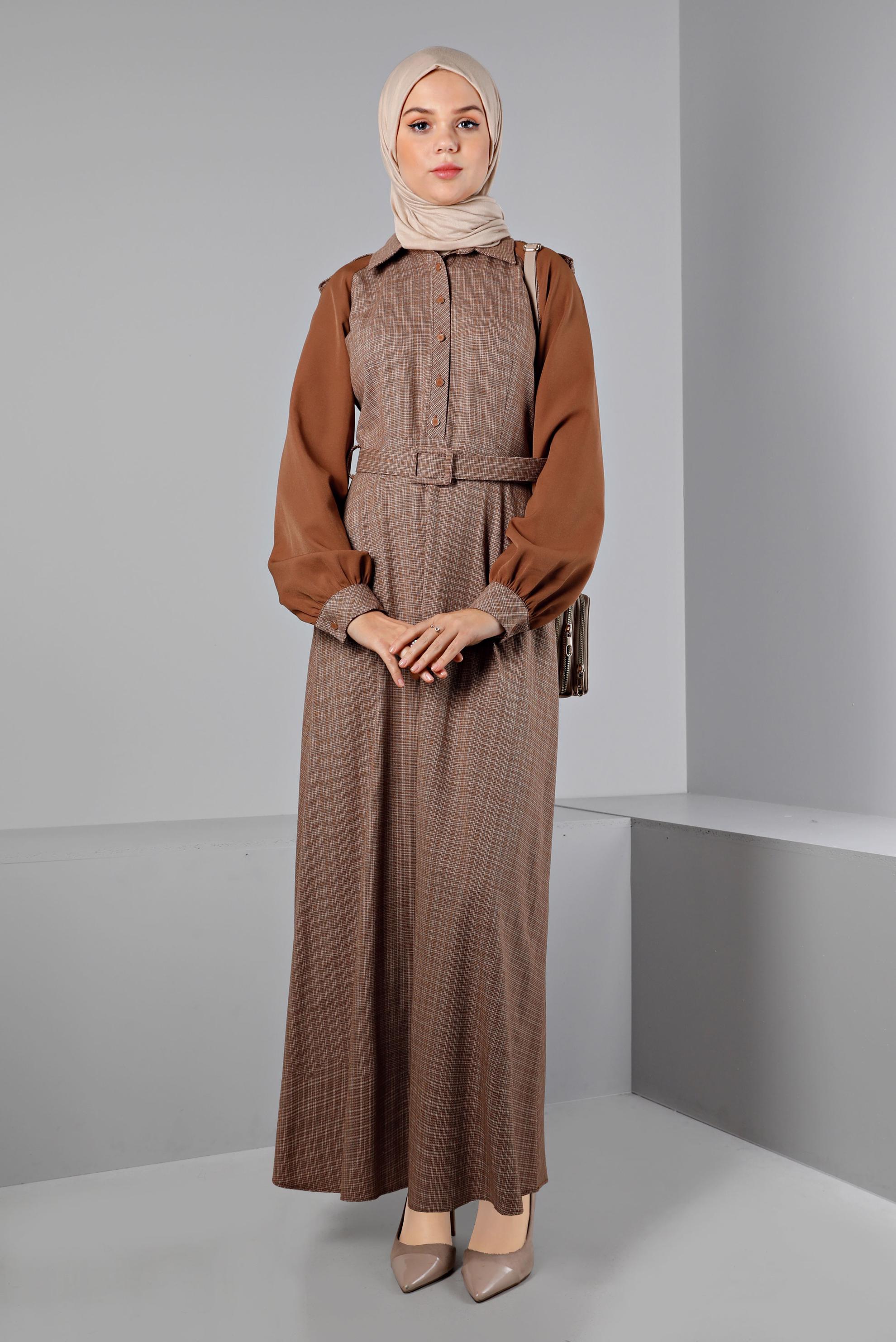 Tesettür giyim TURUNCU DESENLİ DÜĞMELİ ELBİSE 43404 