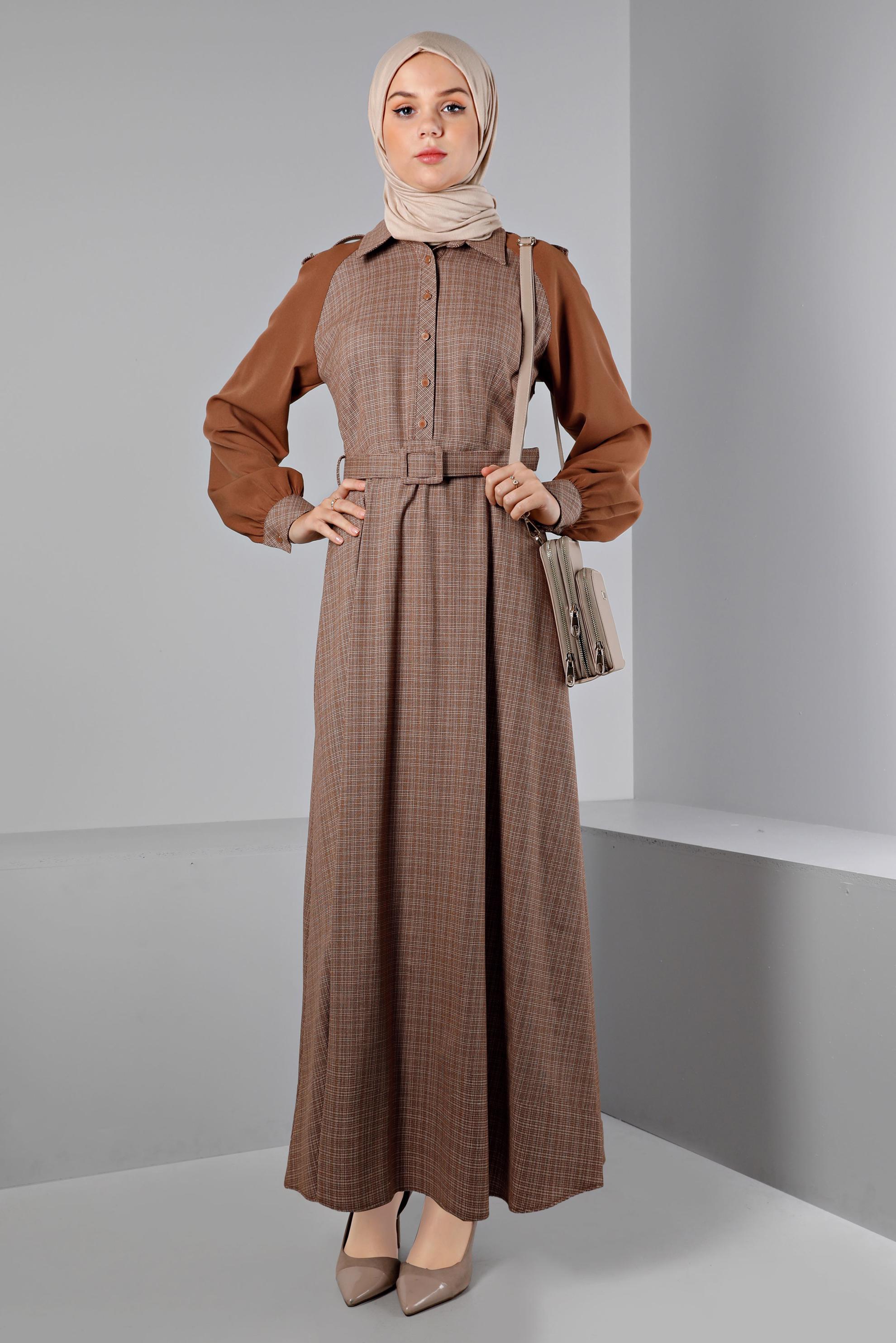 Tesettür giyim TURUNCU DESENLİ DÜĞMELİ ELBİSE 43404 