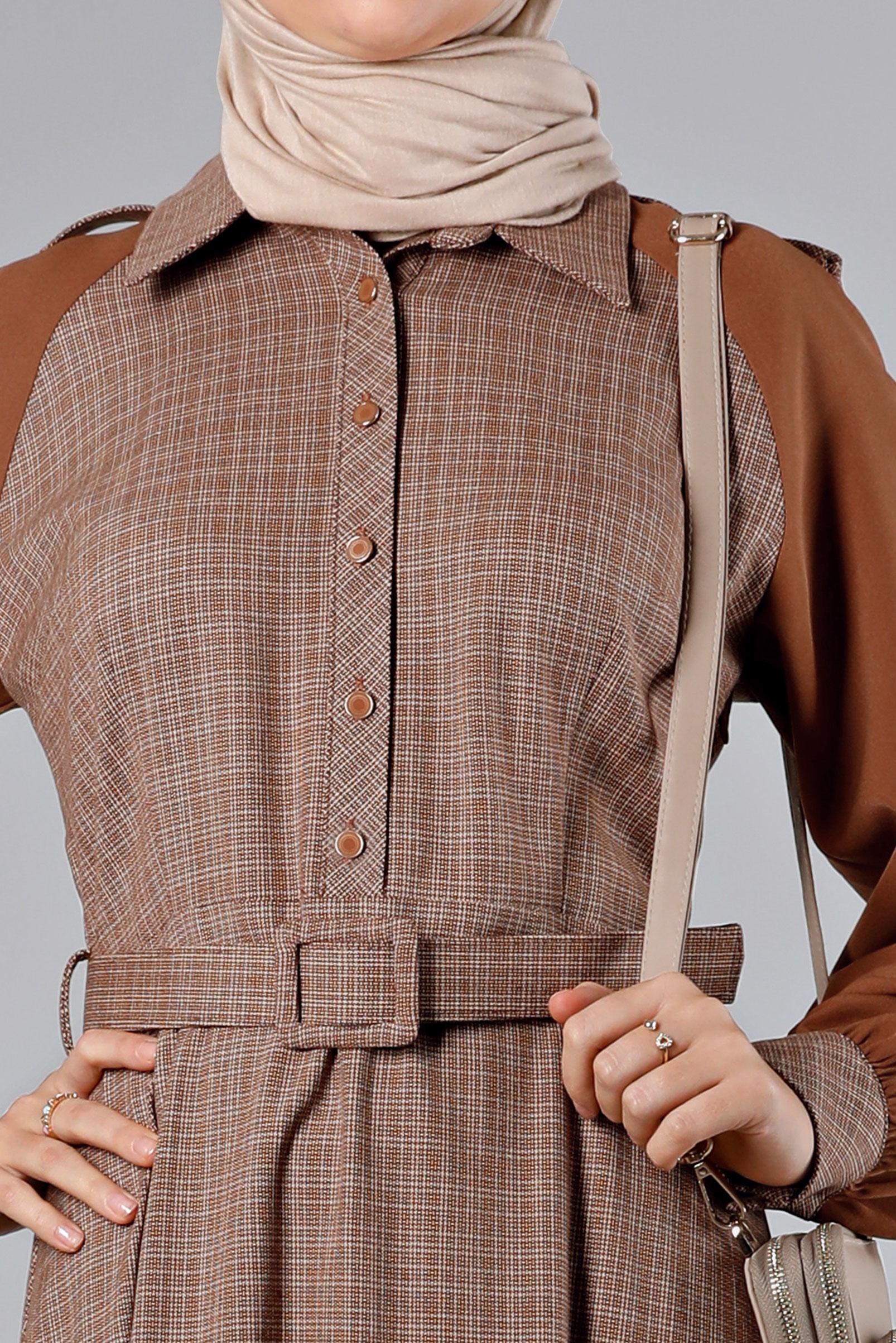 Tesettür giyim TURUNCU DESENLİ DÜĞMELİ ELBİSE 43404 