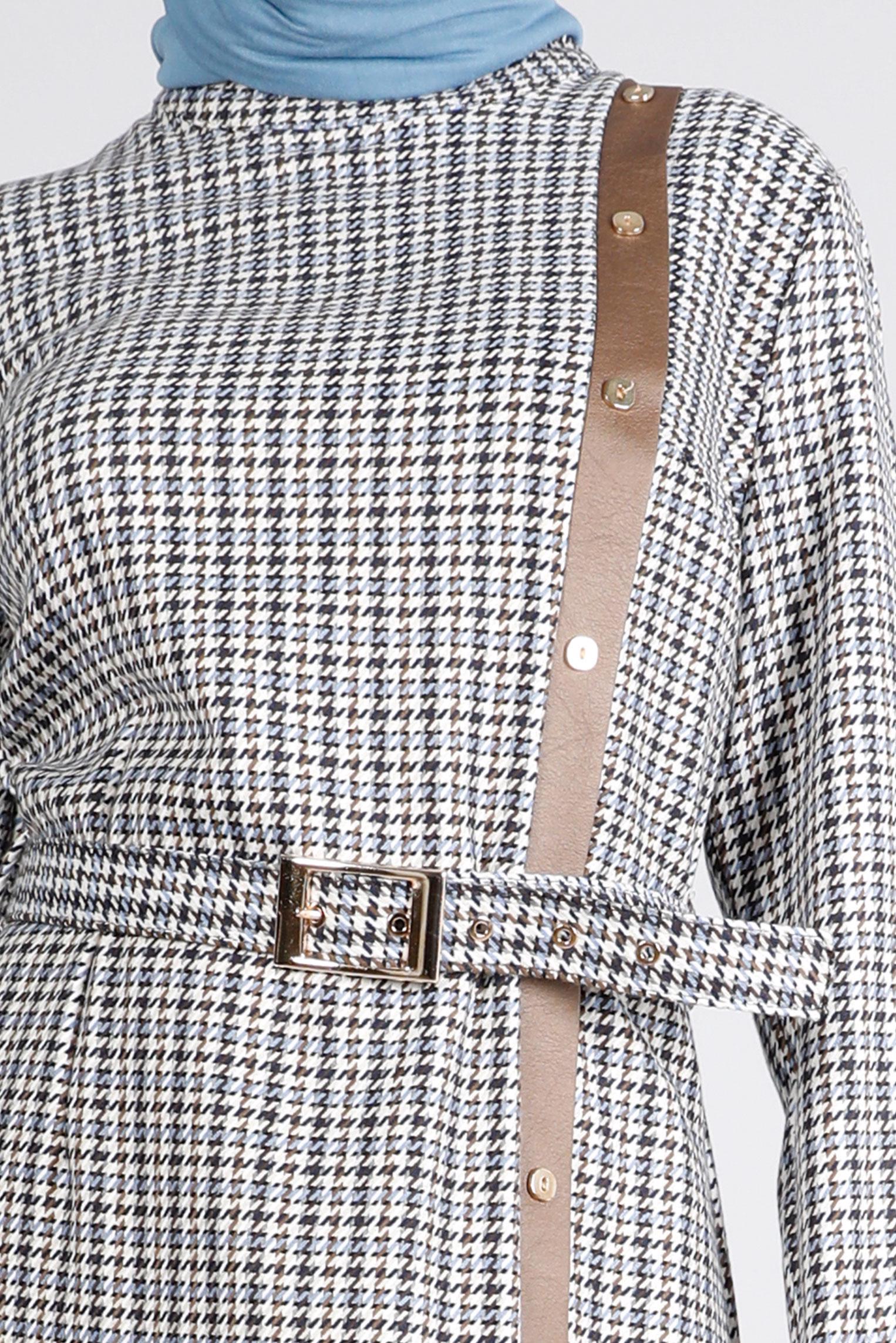 Tesettür giyim MAVİ KEMERLİ KAZAYAĞI DESENLİ ELBİSE 43405 