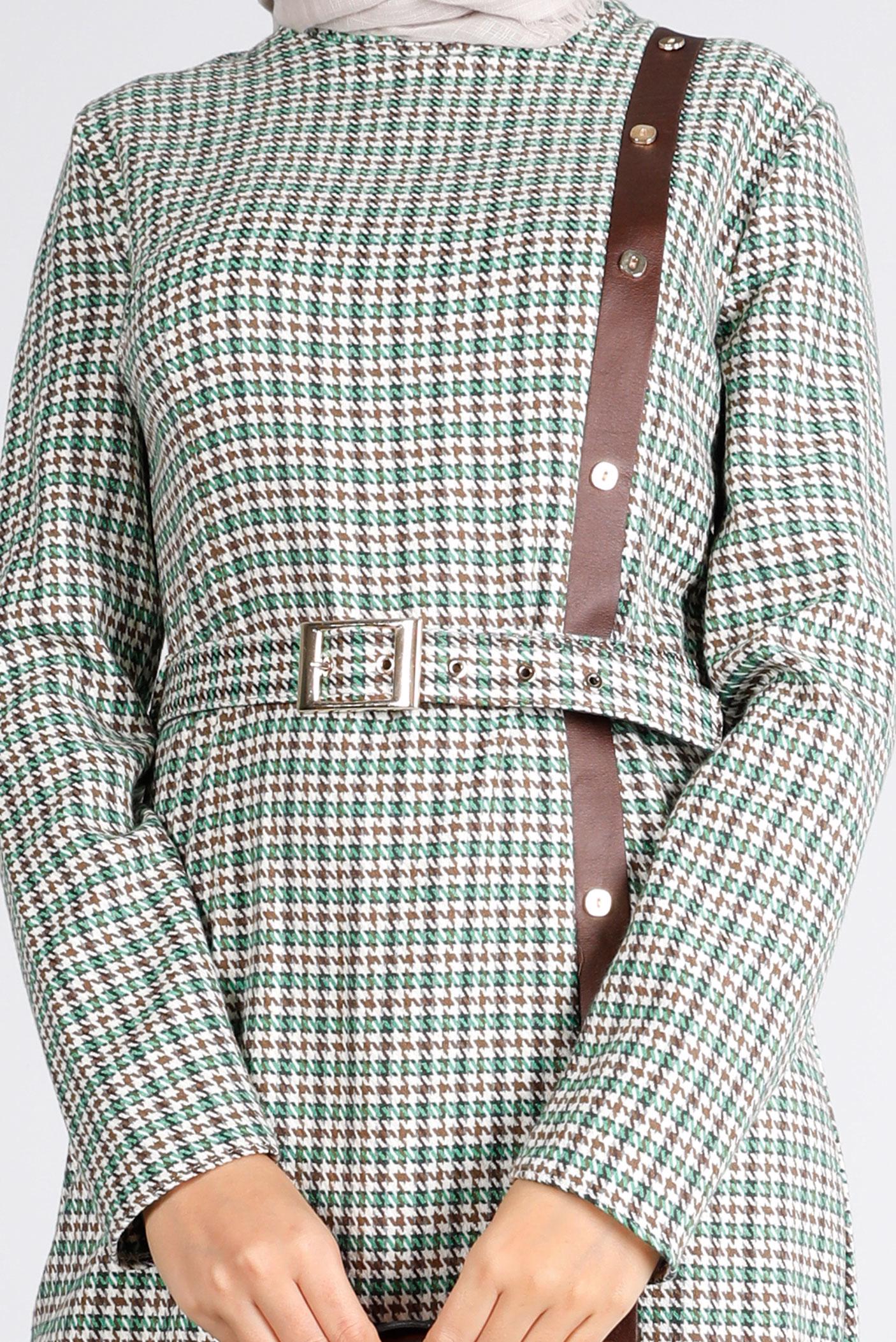 Tesettür giyim YEŞİL KEMERLİ KAZAYAĞI DESENLİ ELBİSE 43405 