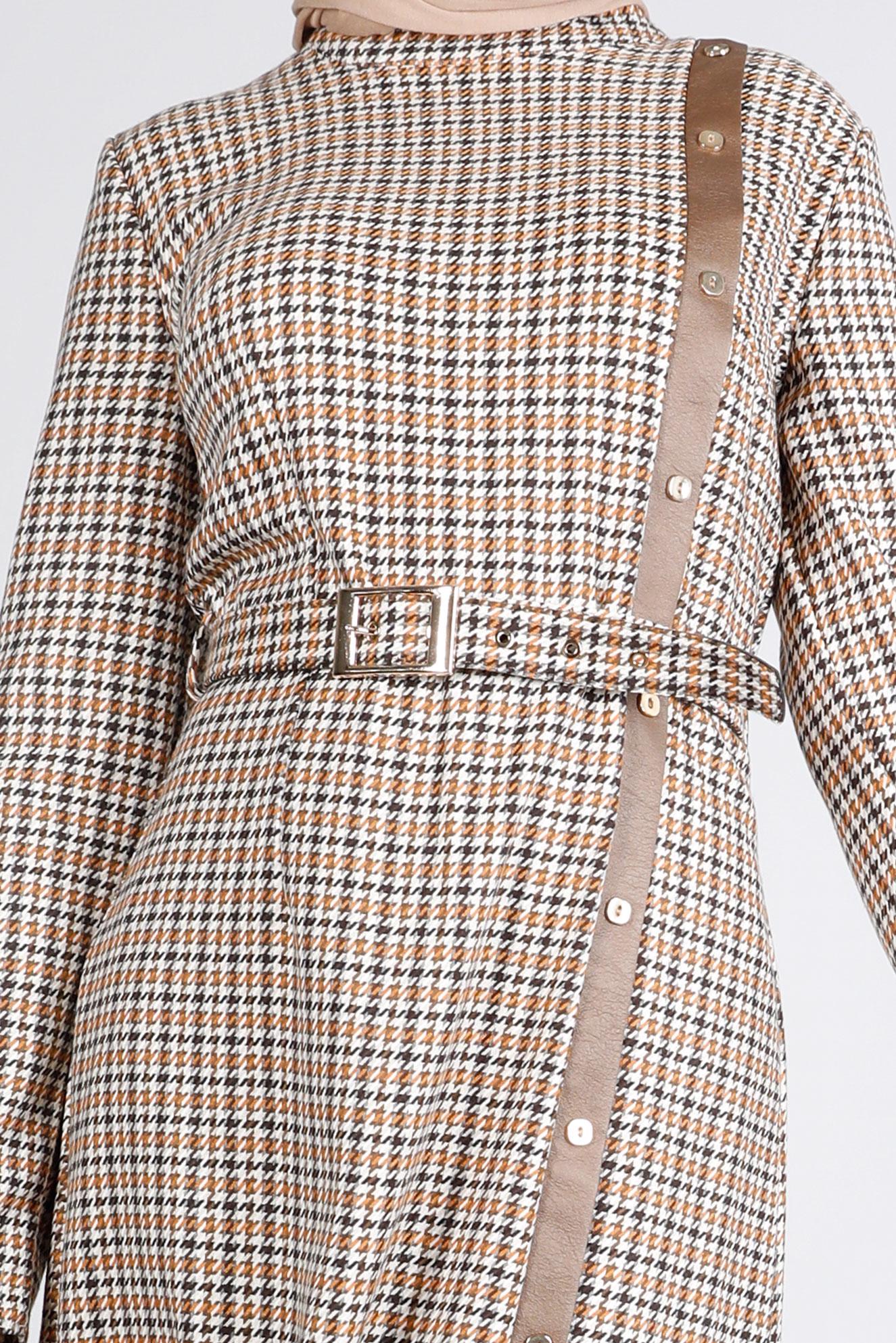 Tesettür giyim TURUNCU KEMERLİ KAZAYAĞI DESENLİ ELBİSE 43405 