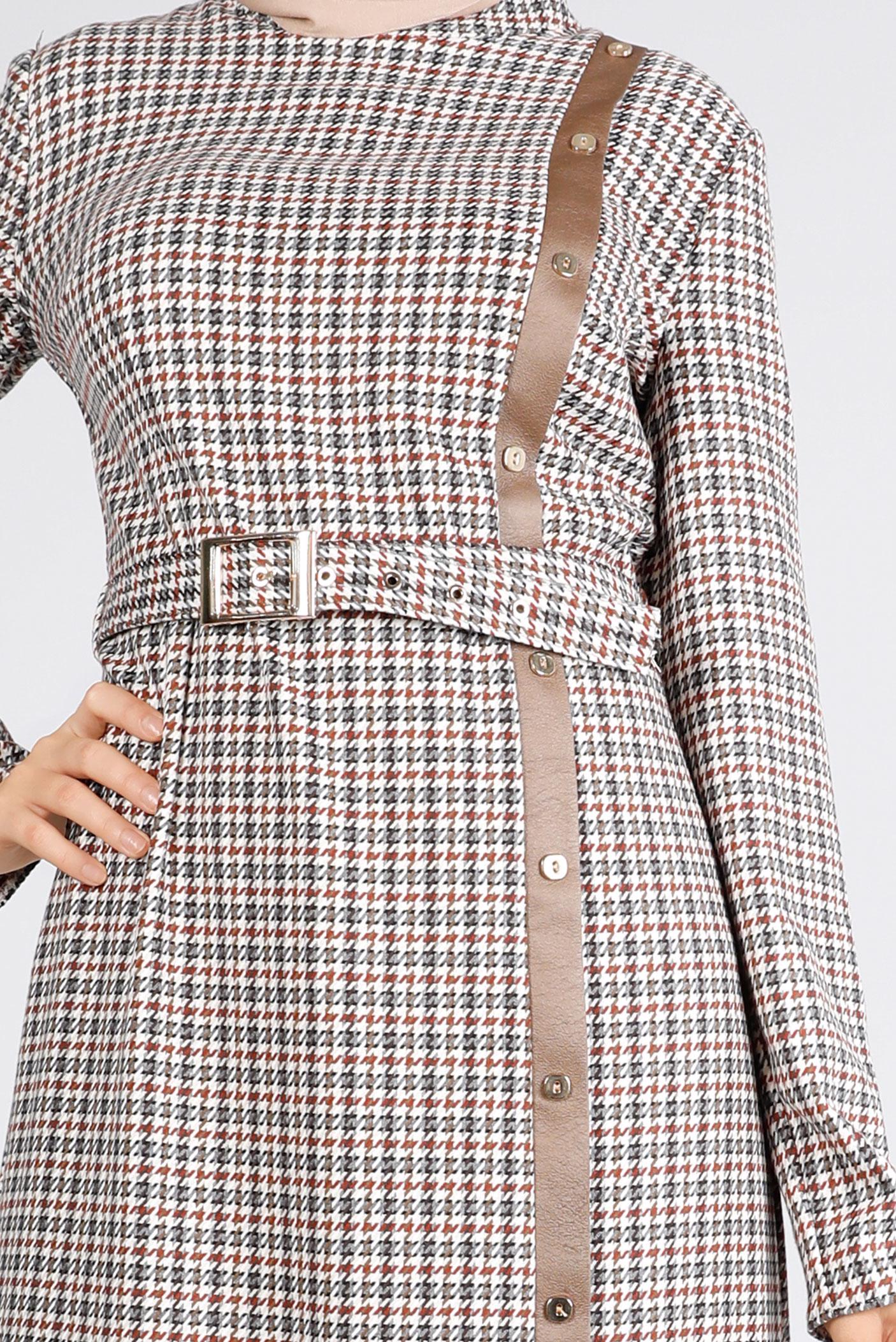 Tesettür giyim TURUNCU KEMERLİ KAZAYAĞI DESENLİ ELBİSE 43405 