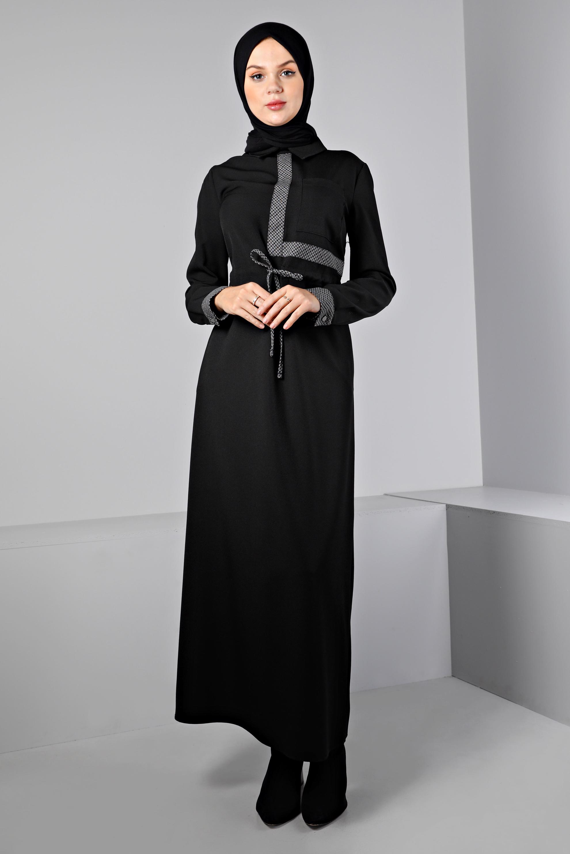 Tesettür giyim SİYAH BELİ BÜZGÜLÜ ELBİSE 43435