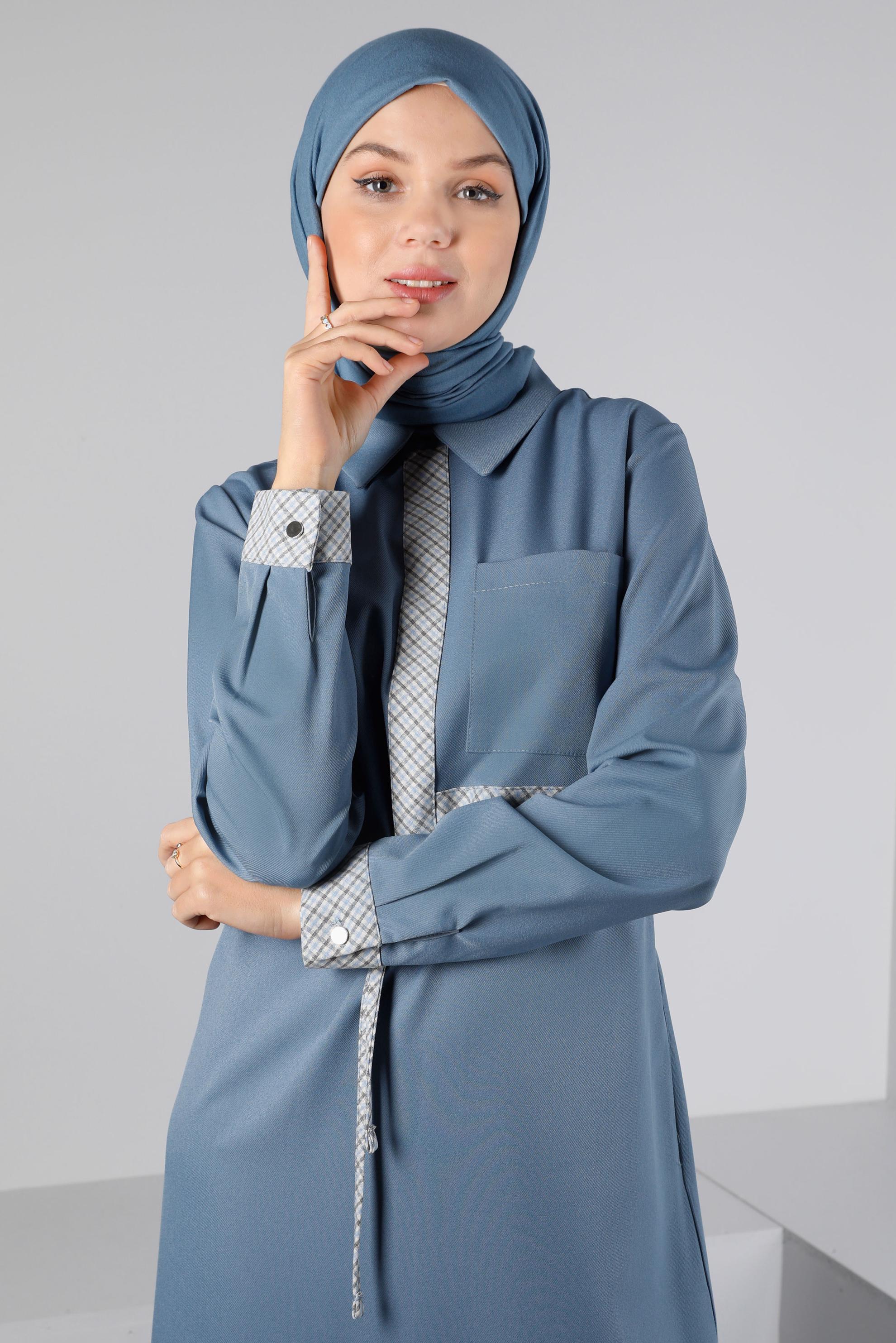 Tesettür giyim MAVİ BELİ BÜZGÜLÜ ELBİSE 43435