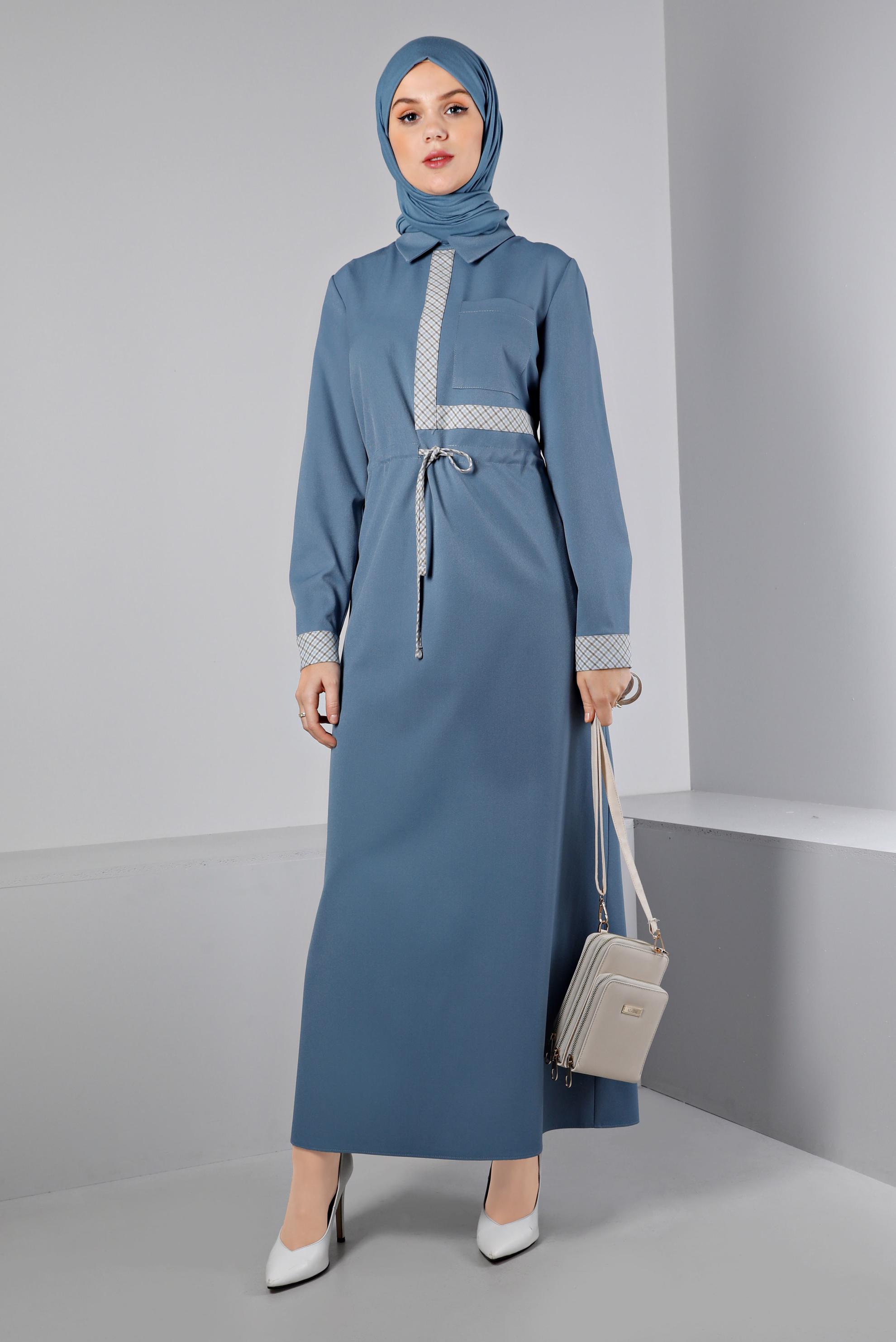 Tesettür giyim MAVİ BELİ BÜZGÜLÜ ELBİSE 43435