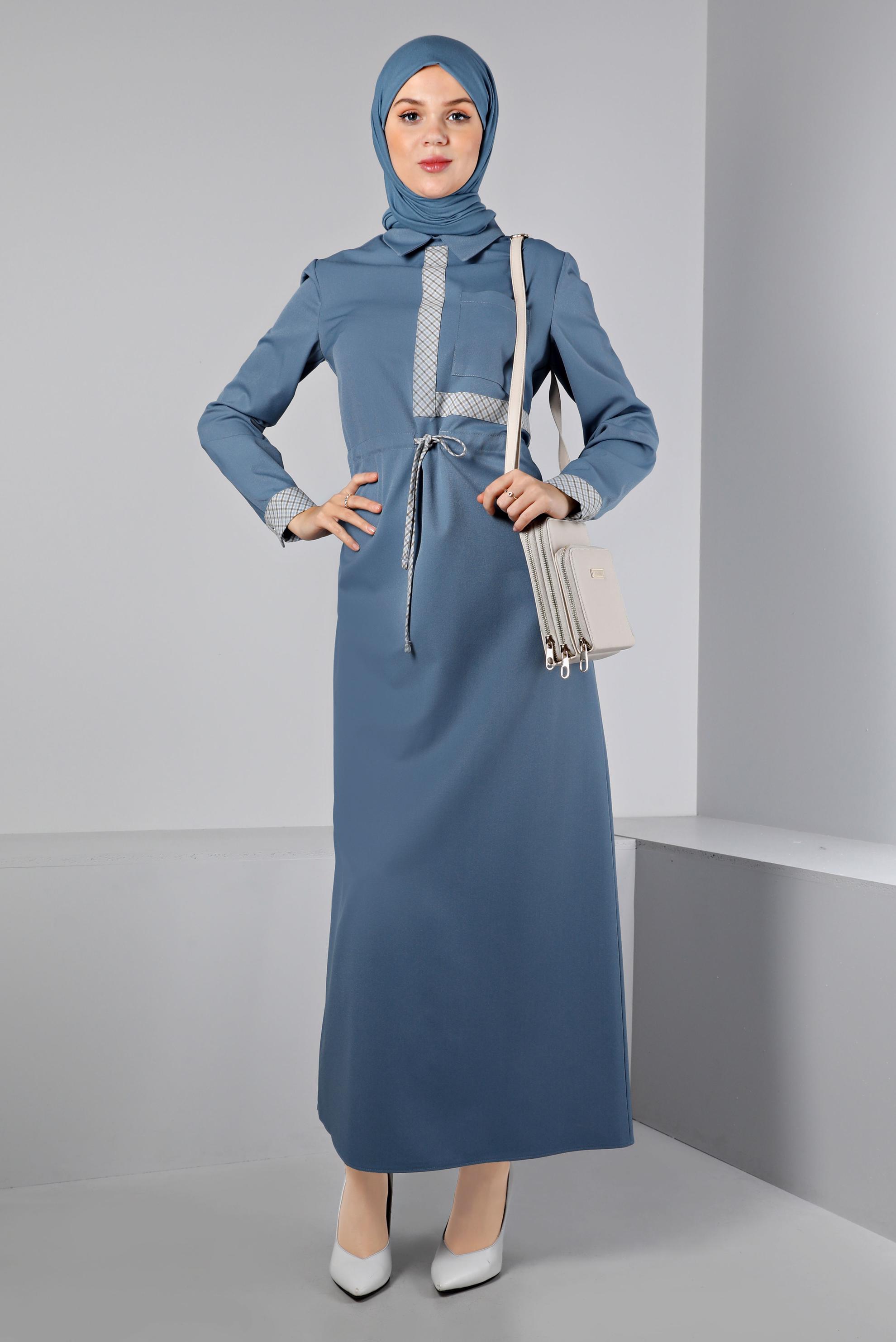 Tesettür giyim MAVİ BELİ BÜZGÜLÜ ELBİSE 43435