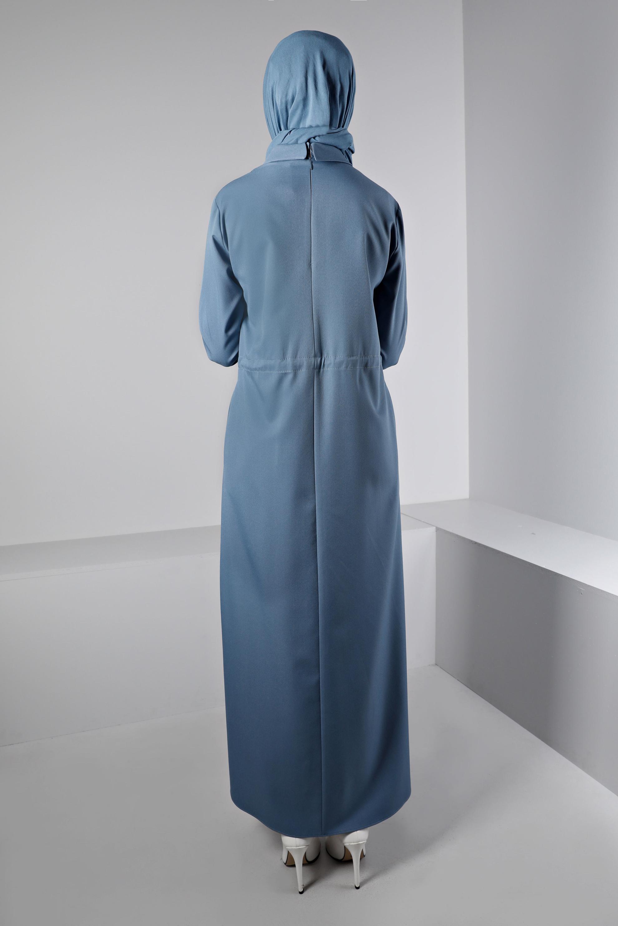 Tesettür giyim MAVİ BELİ BÜZGÜLÜ ELBİSE 43435