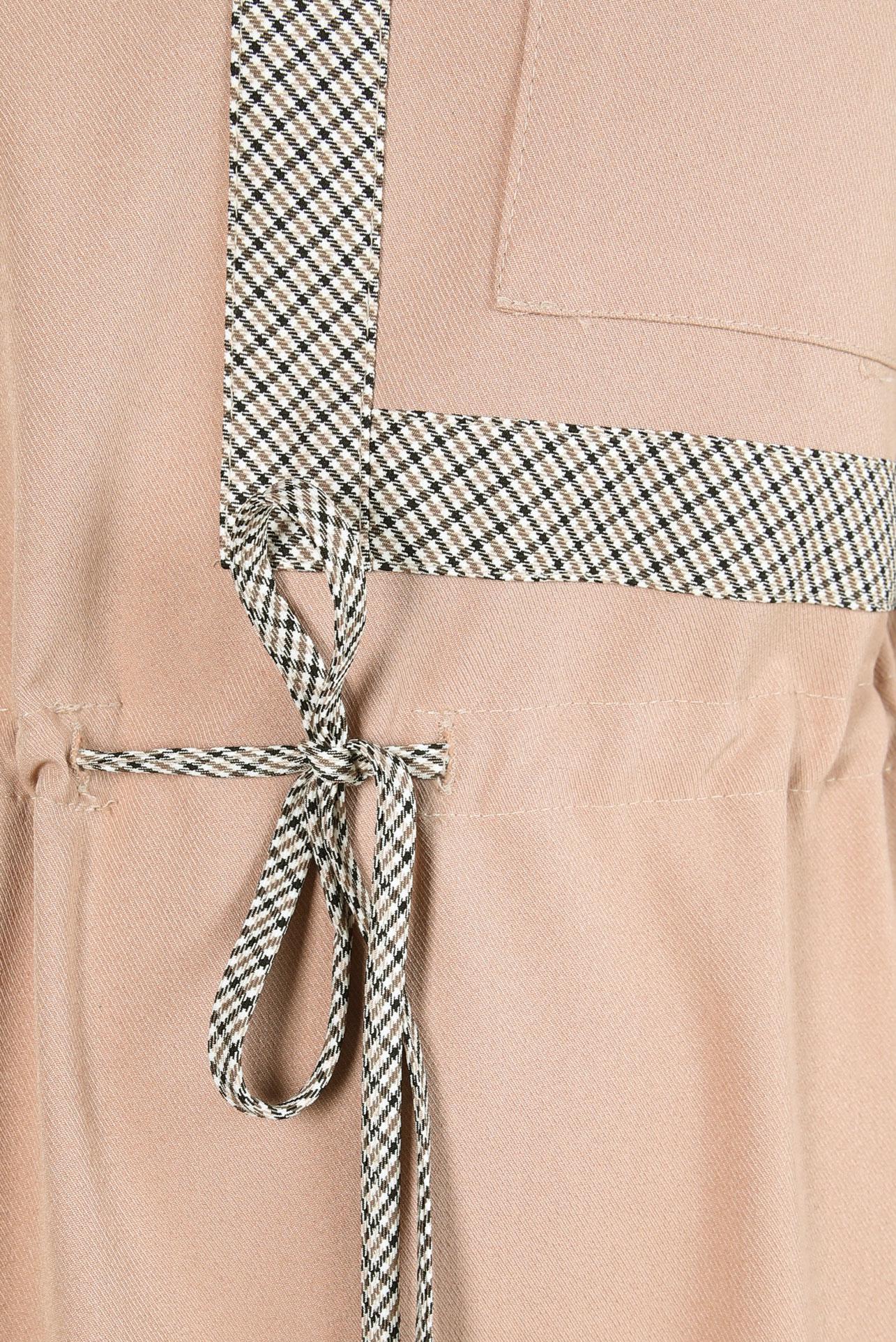 Tesettür giyim BEJ BELİ BÜZGÜLÜ ELBİSE 43435