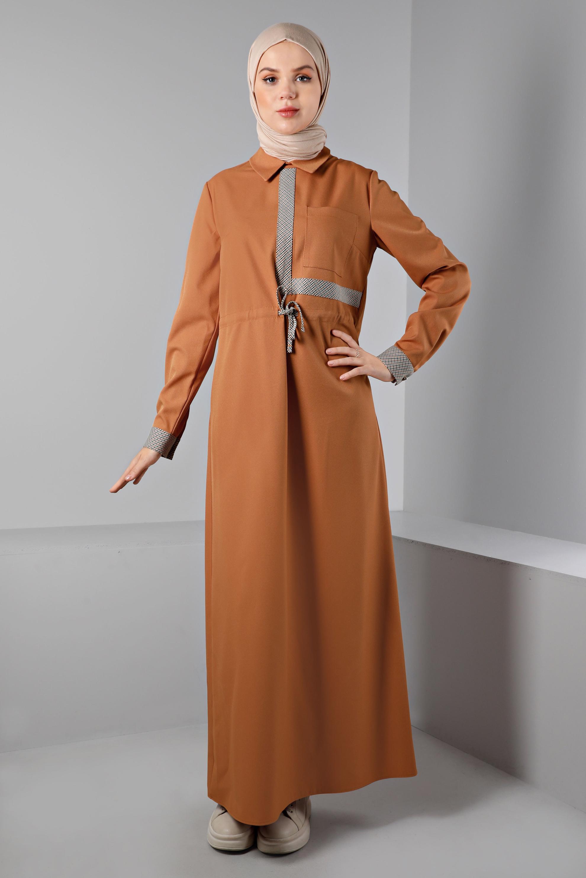 Tesettür giyim SARI BELİ BÜZGÜLÜ ELBİSE 43435