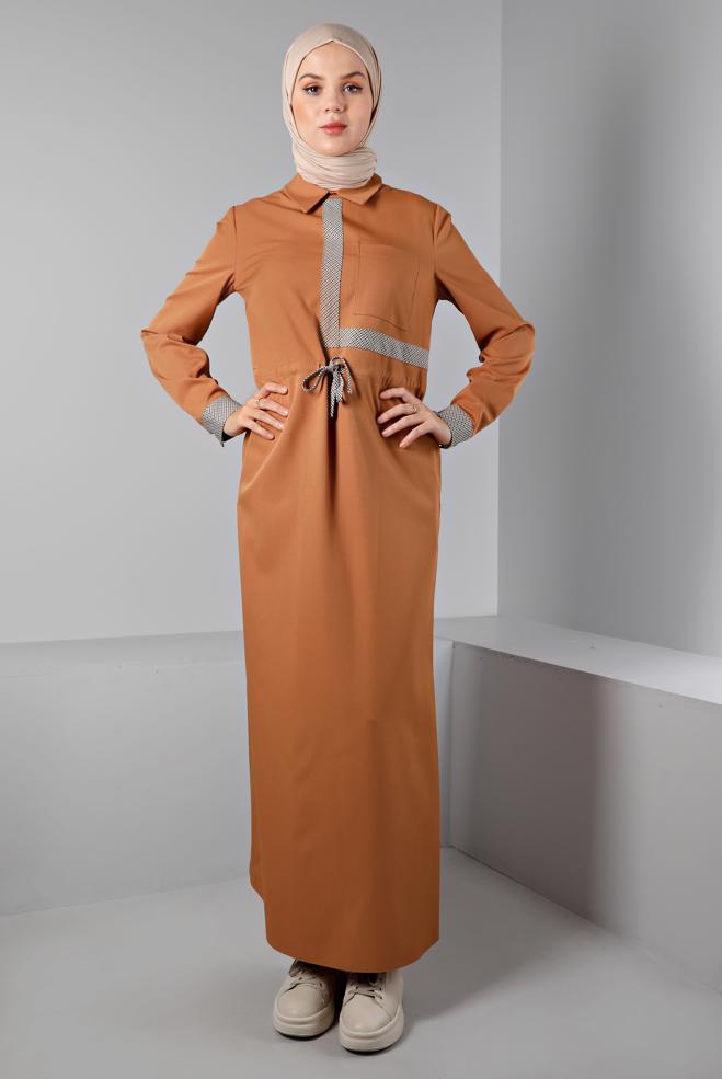 Tesettür giyim SARI BELİ BÜZGÜLÜ ELBİSE 43435 - ALVİNA