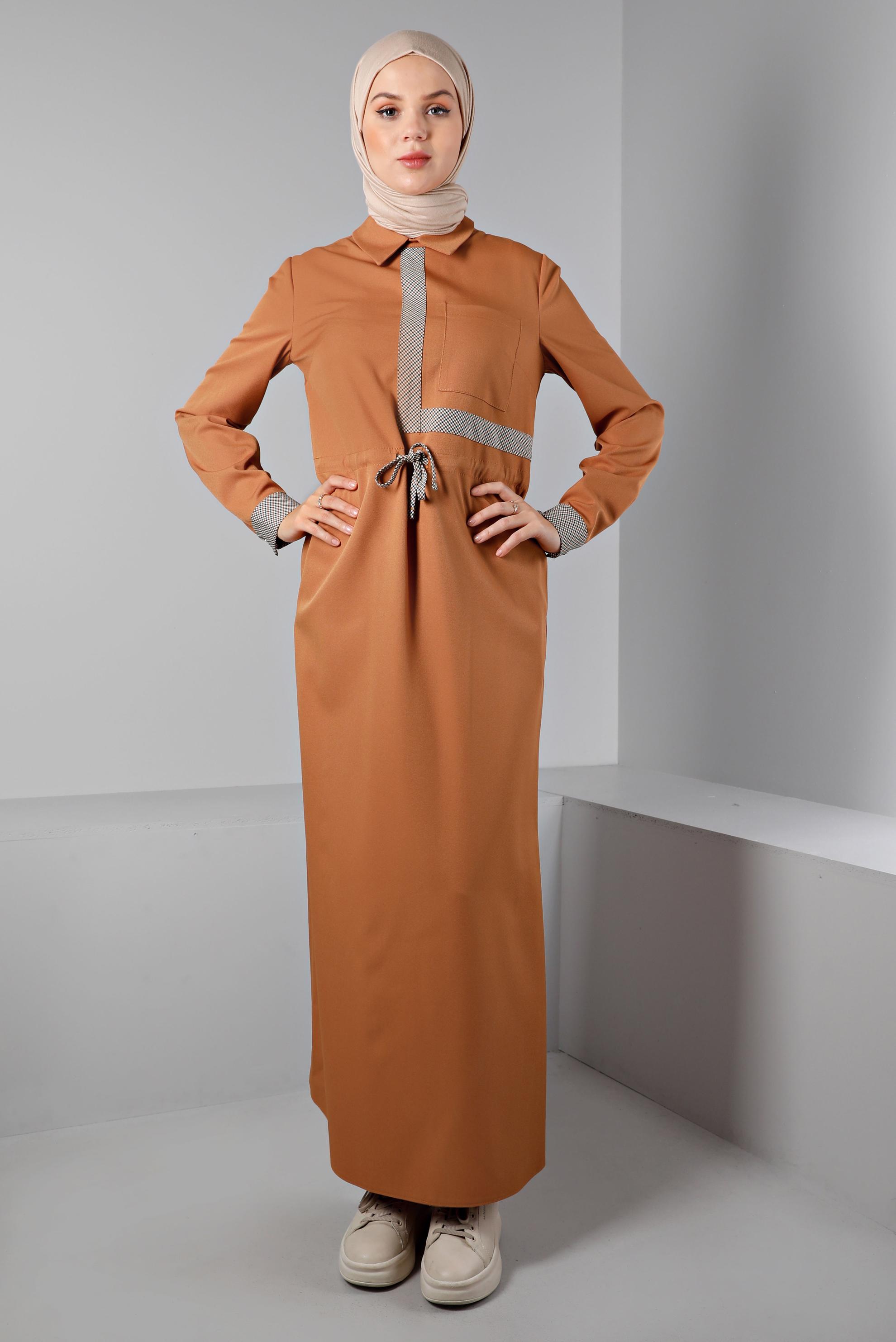 Tesettür giyim SARI BELİ BÜZGÜLÜ ELBİSE 43435