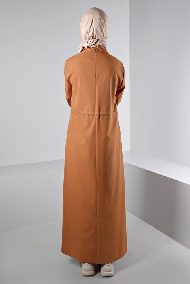 Tesettür giyim SARI BELİ BÜZGÜLÜ ELBİSE 43435 - ALVİNA