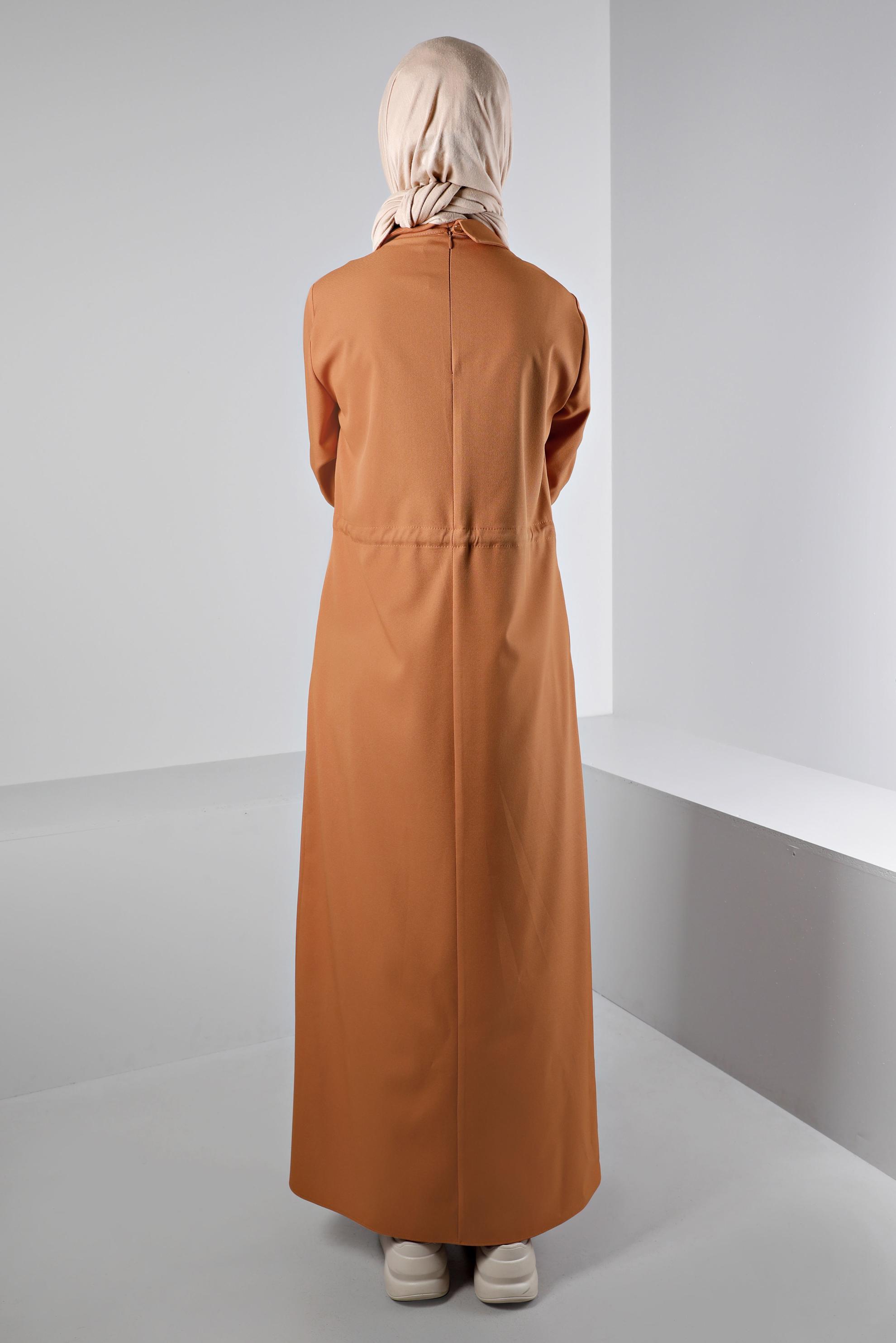 Tesettür giyim SARI BELİ BÜZGÜLÜ ELBİSE 43435