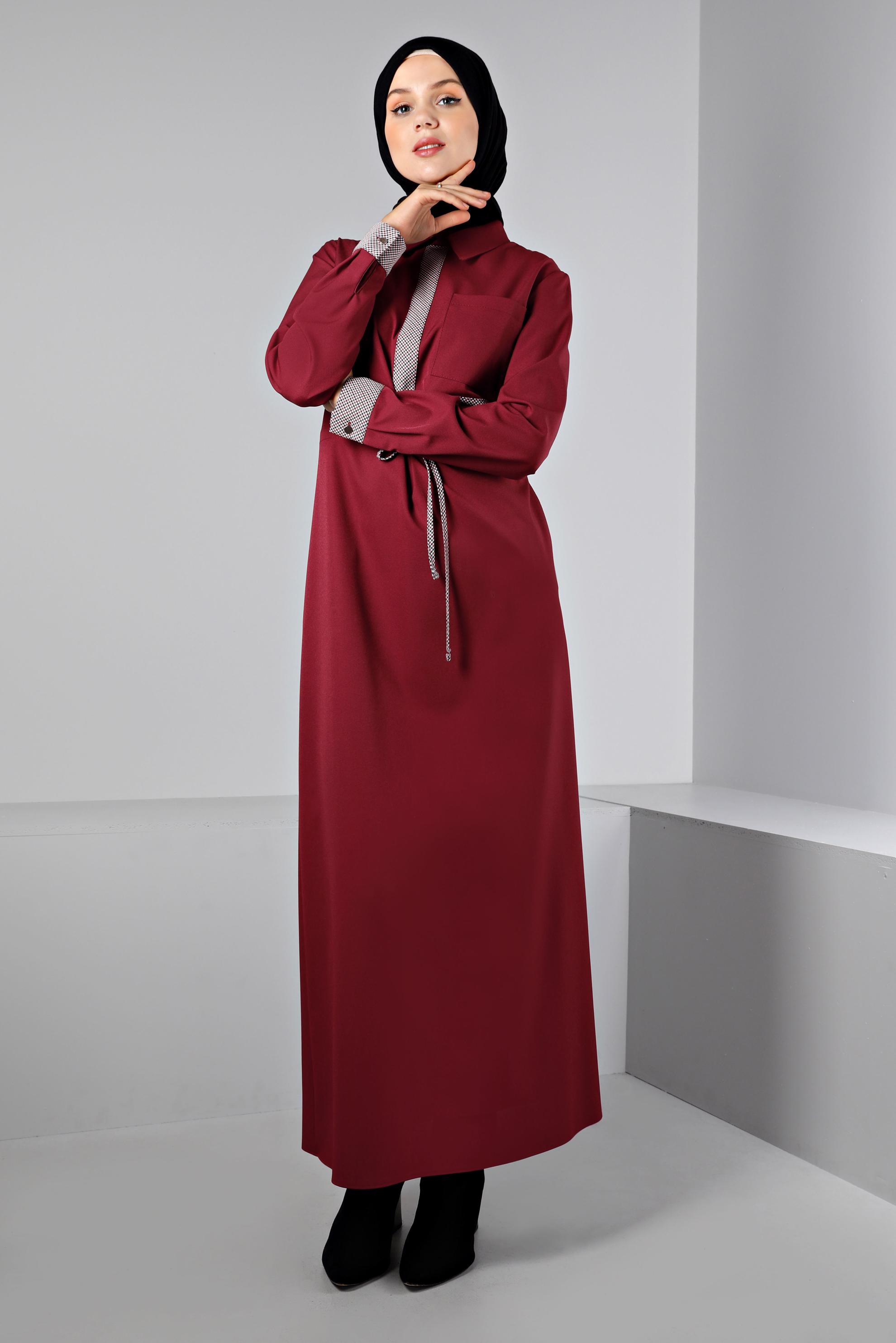 Tesettür giyim BORDO BELİ BÜZGÜLÜ ELBİSE 43435