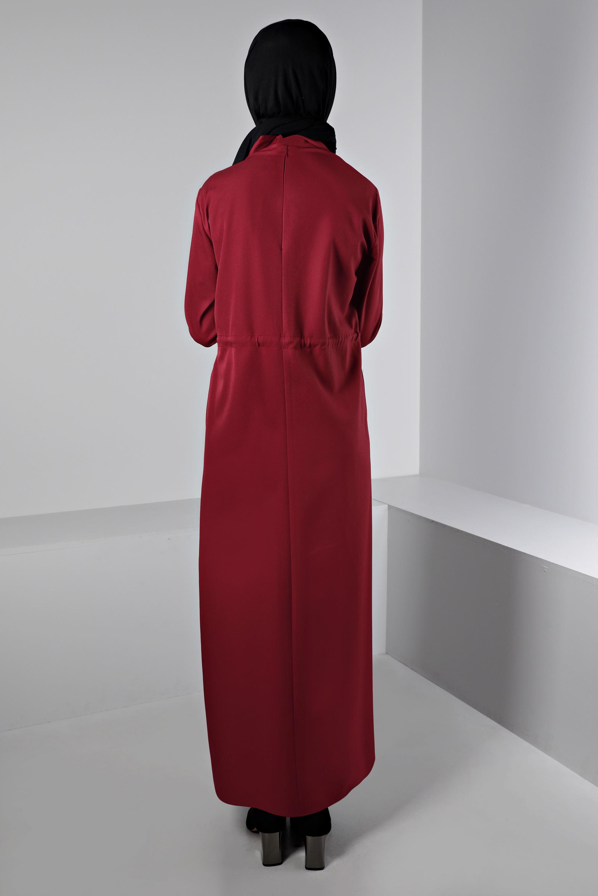 Tesettür giyim BORDO BELİ BÜZGÜLÜ ELBİSE 43435