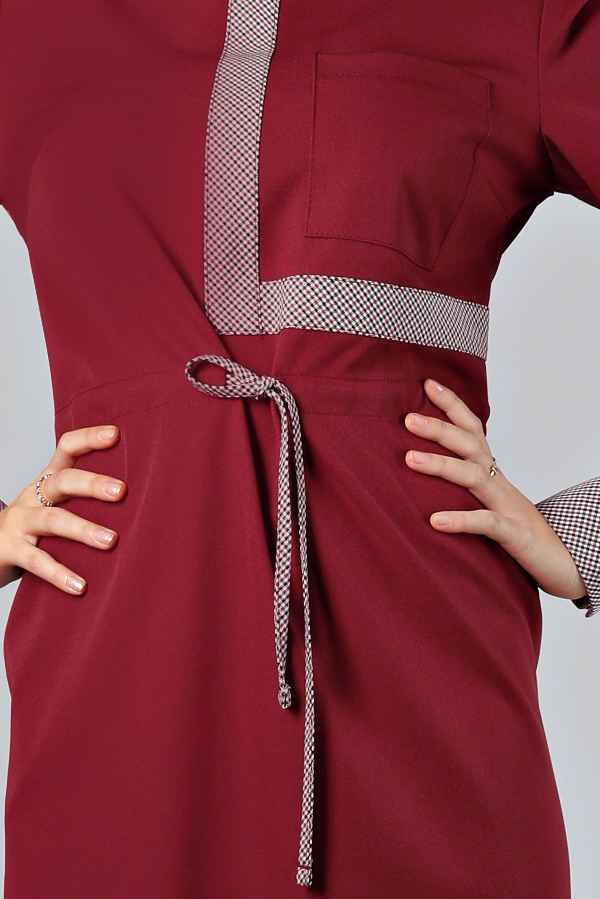 Tesettür giyim BORDO BELİ BÜZGÜLÜ ELBİSE 43435