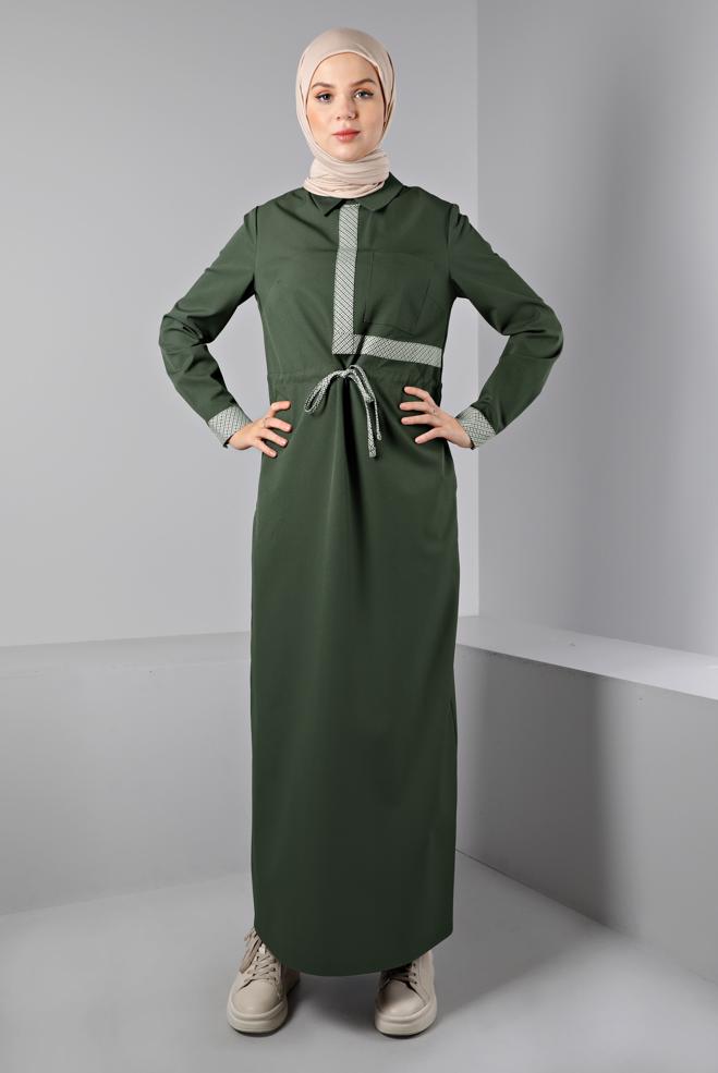 Tesettür giyim HAKİ BELİ BÜZGÜLÜ ELBİSE 43435 - ALVİNA