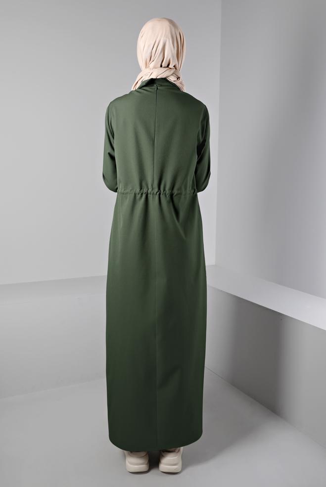 Tesettür giyim HAKİ BELİ BÜZGÜLÜ ELBİSE 43435 - ALVİNA