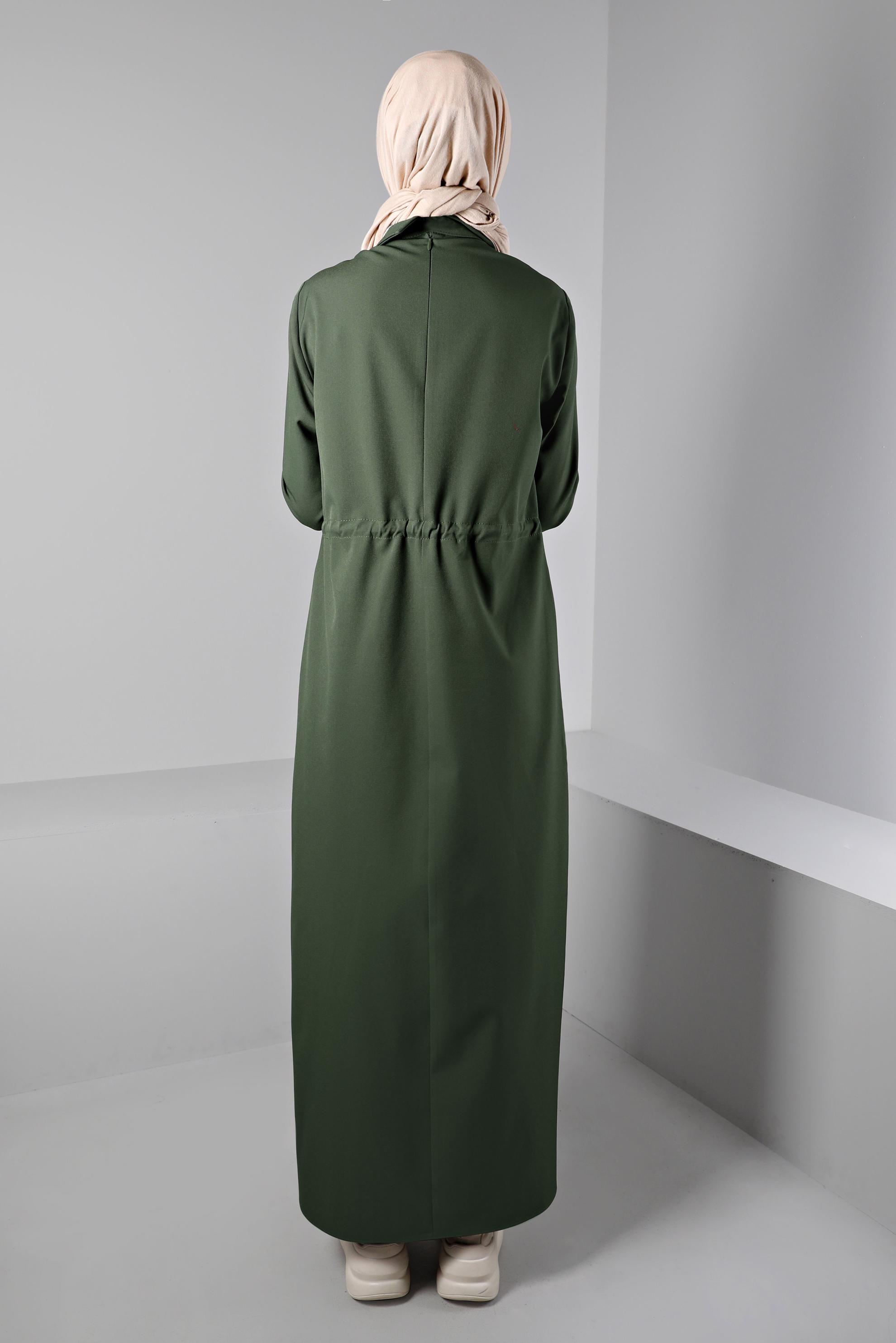 Tesettür giyim HAKİ BELİ BÜZGÜLÜ ELBİSE 43435