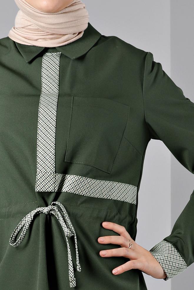 Tesettür giyim HAKİ BELİ BÜZGÜLÜ ELBİSE 43435 - ALVİNA